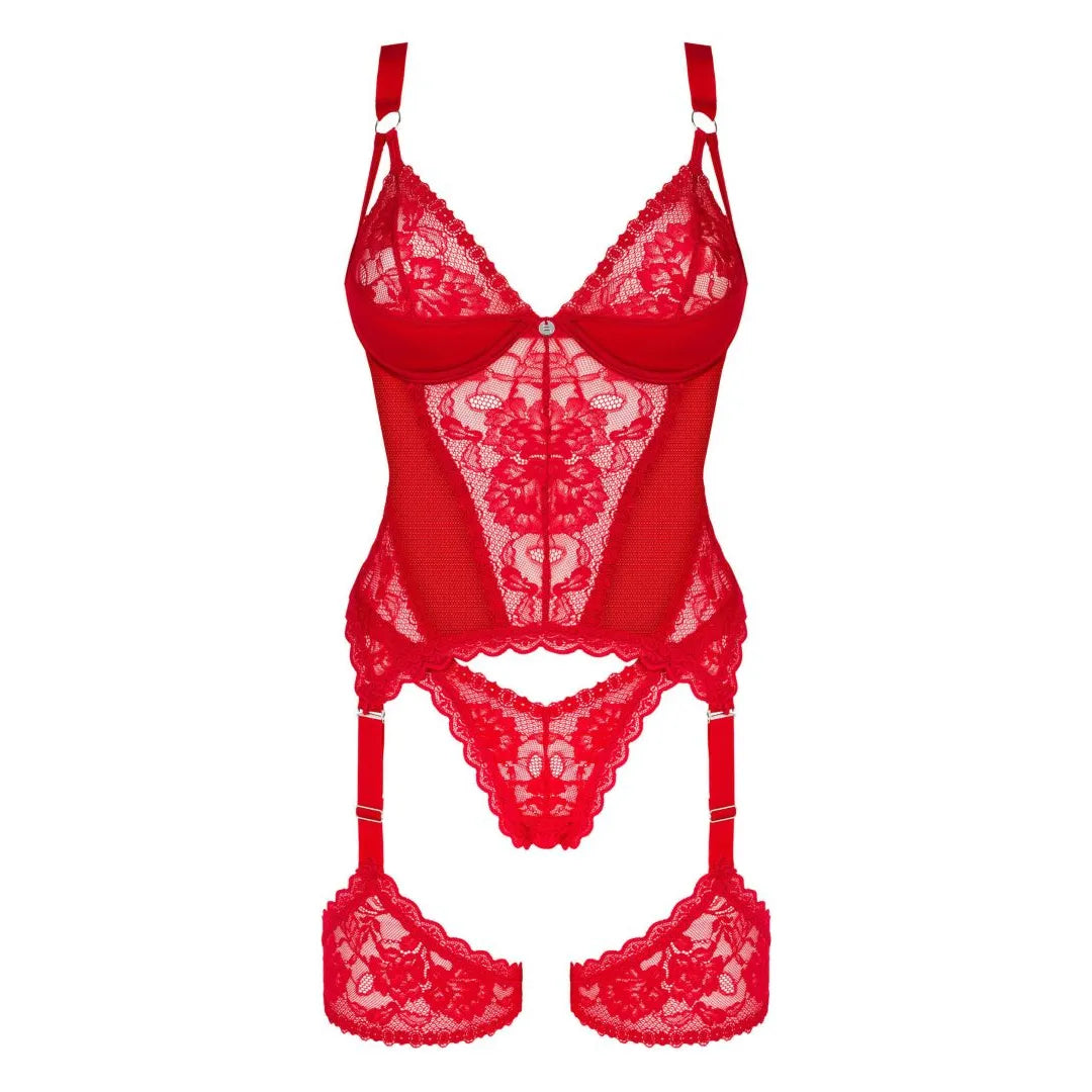 Corset rouge sexy en dentelle avec jarretelles amovibles et soutien-gorge à armatures, Belovya, séduction et confort.