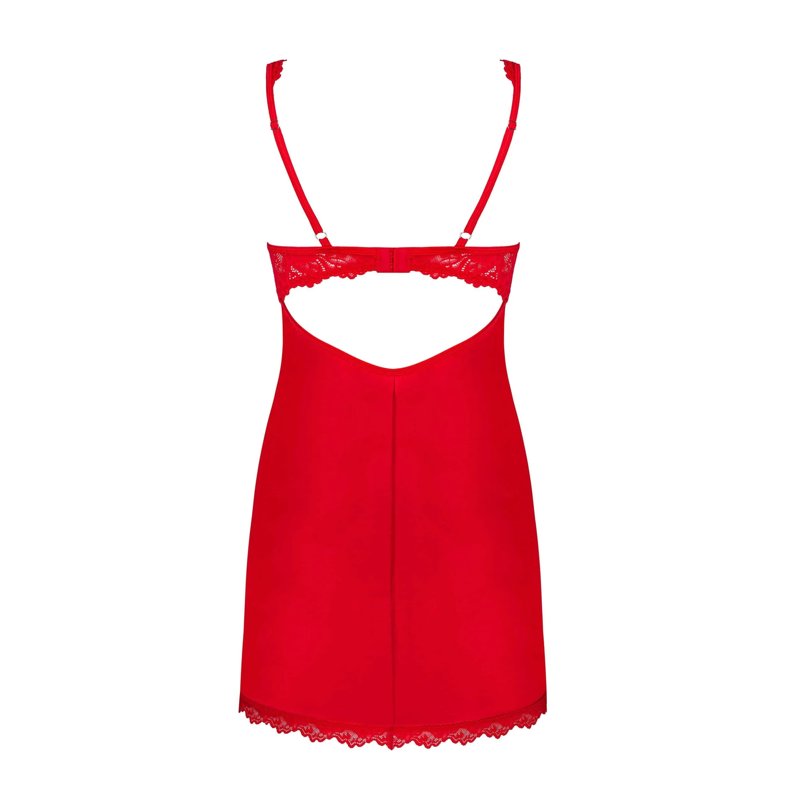 Nuisette rouge dentelle Amor Cherris, coupe sensuelle, détails élégants, ensemble avec string pour soirée romantique.