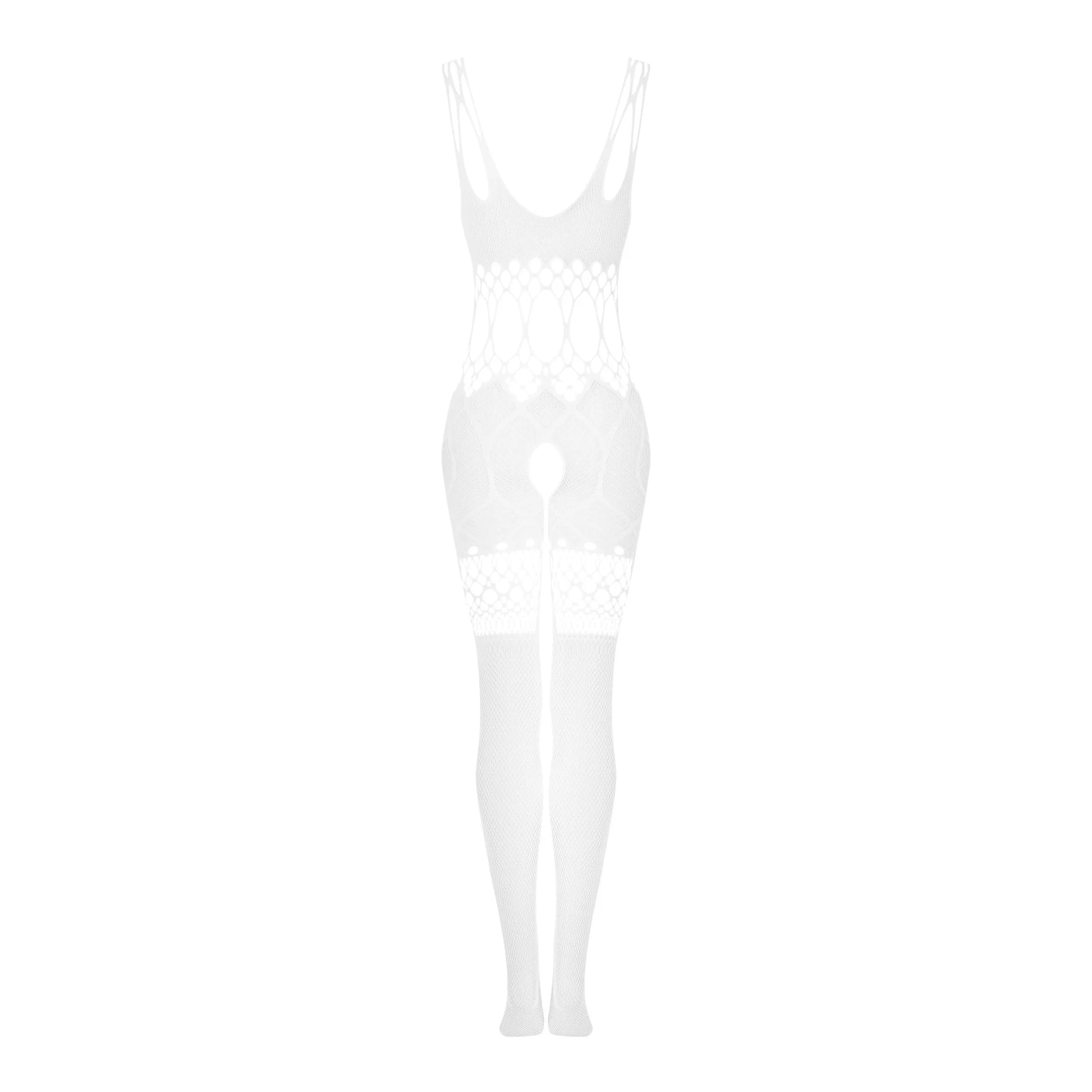 Bodystocking blanc en maille souple, ouvert à l'entrejambe, design sensuel et ajusté, parfait pour des soirées épicées.