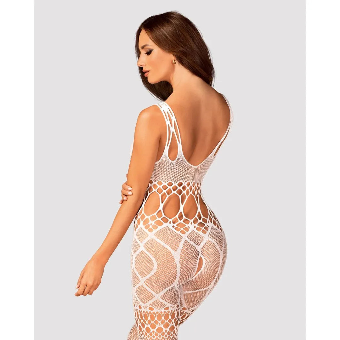 Bodystocking blanc en maille souple, design ouvert entrejambe, mettant en valeur les courbes pour un look épicé et séduisant.