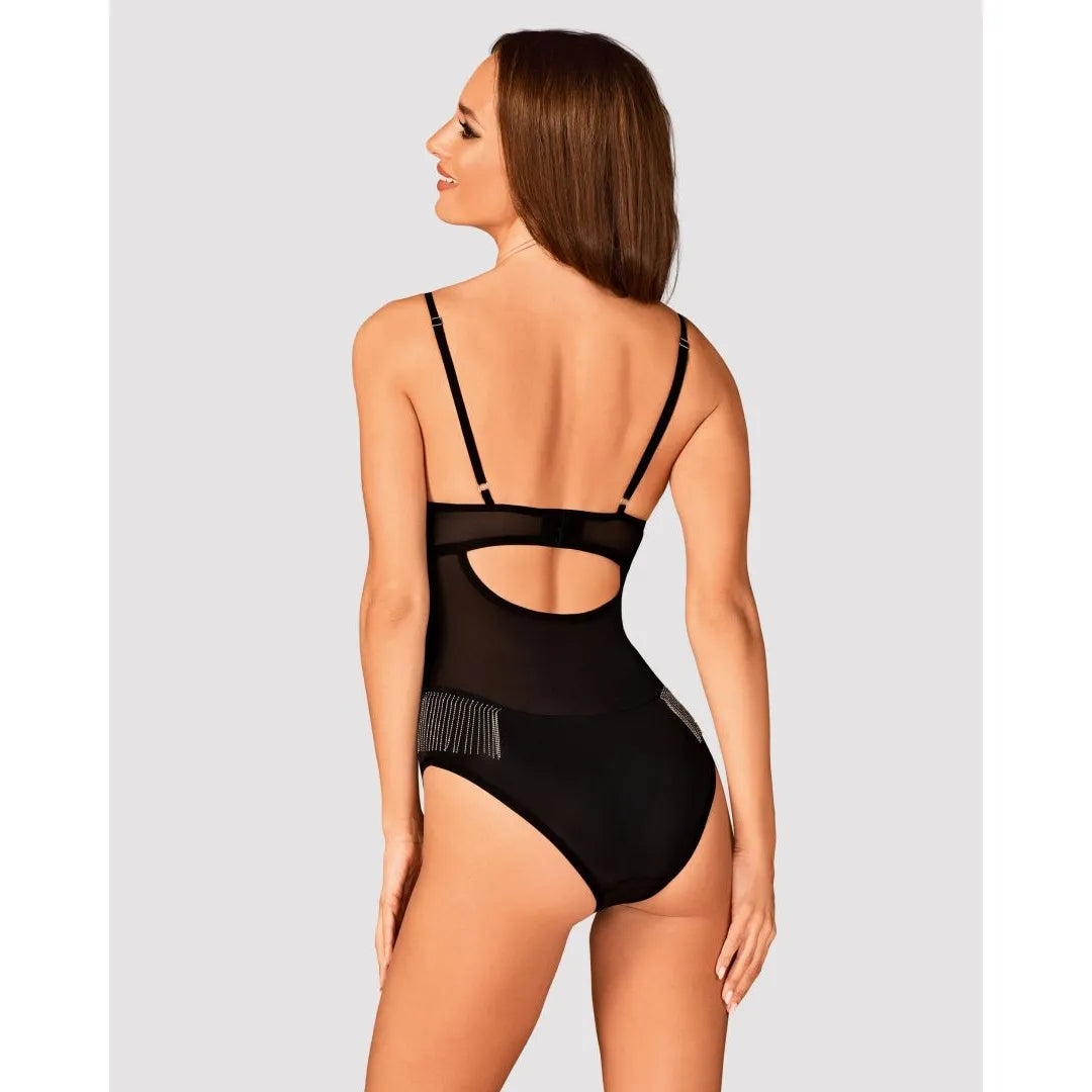 Milladis body noir sexy perles argentées lingerie féminine élégante ajustable