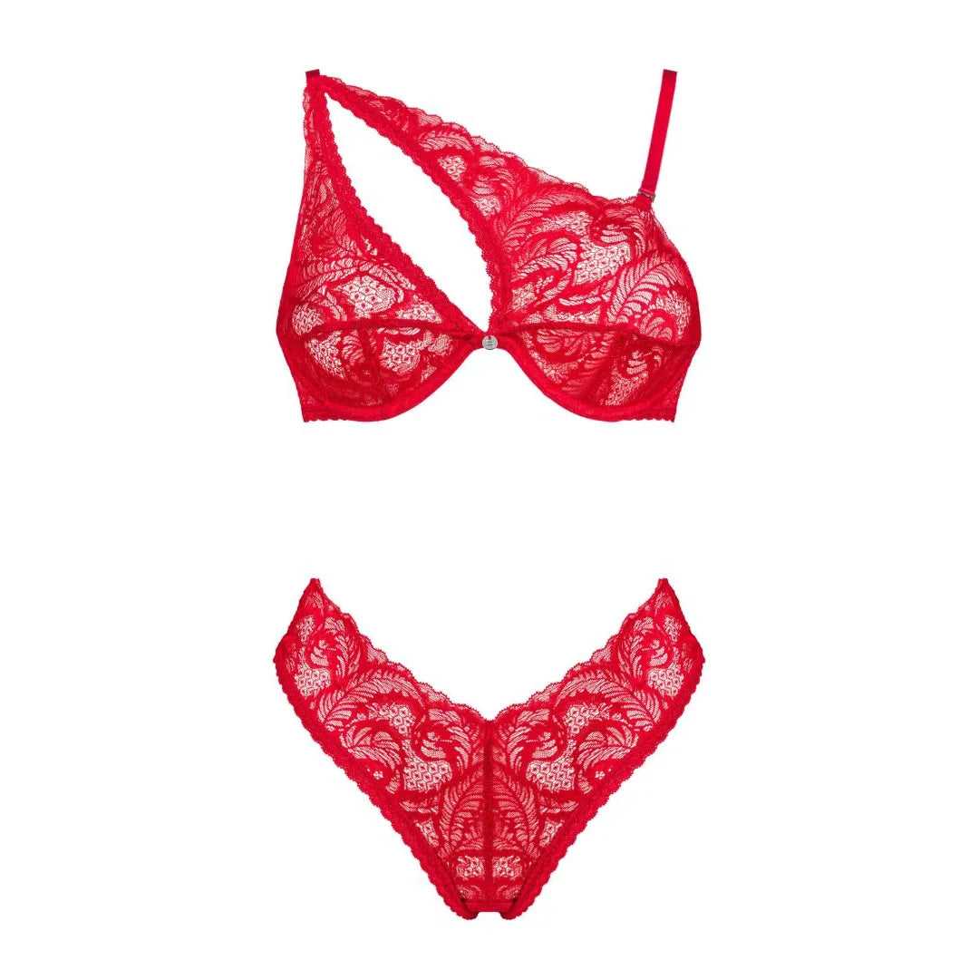 Ensemble lingerie rouge en dentelle avec soutien-gorge asymétrique et culotte, accentuant élégamment les courbes féminines.