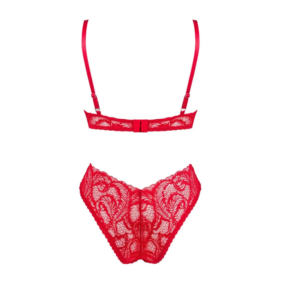 Ensemble lingerie rouge en dentelle, soutien-gorge asymétrique avec armatures et culotte féminine, style élégant et sensuel.