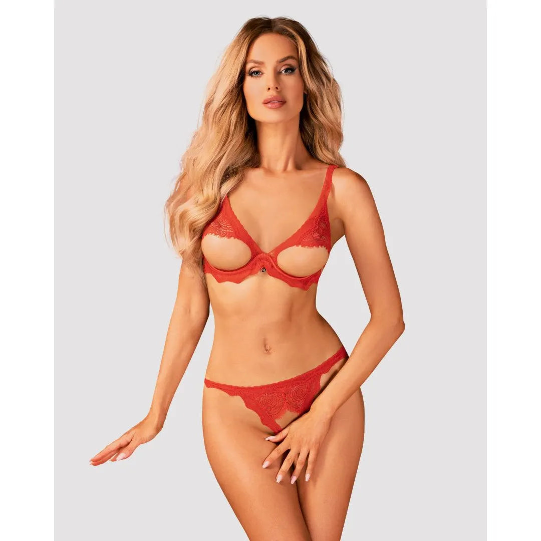 Ensemble soutien-gorge string dentelle rouge intense bretelles réglables armatures