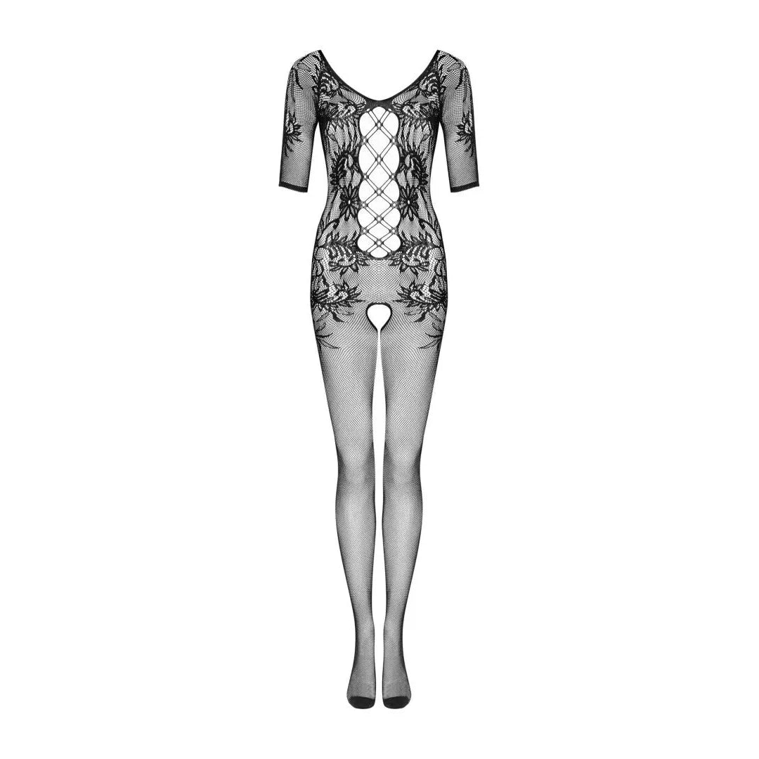 Bodystocking noir floral manches courtes, entrejambe ouvert, dos résille, élégant et séduisant pour garde-robe intime.