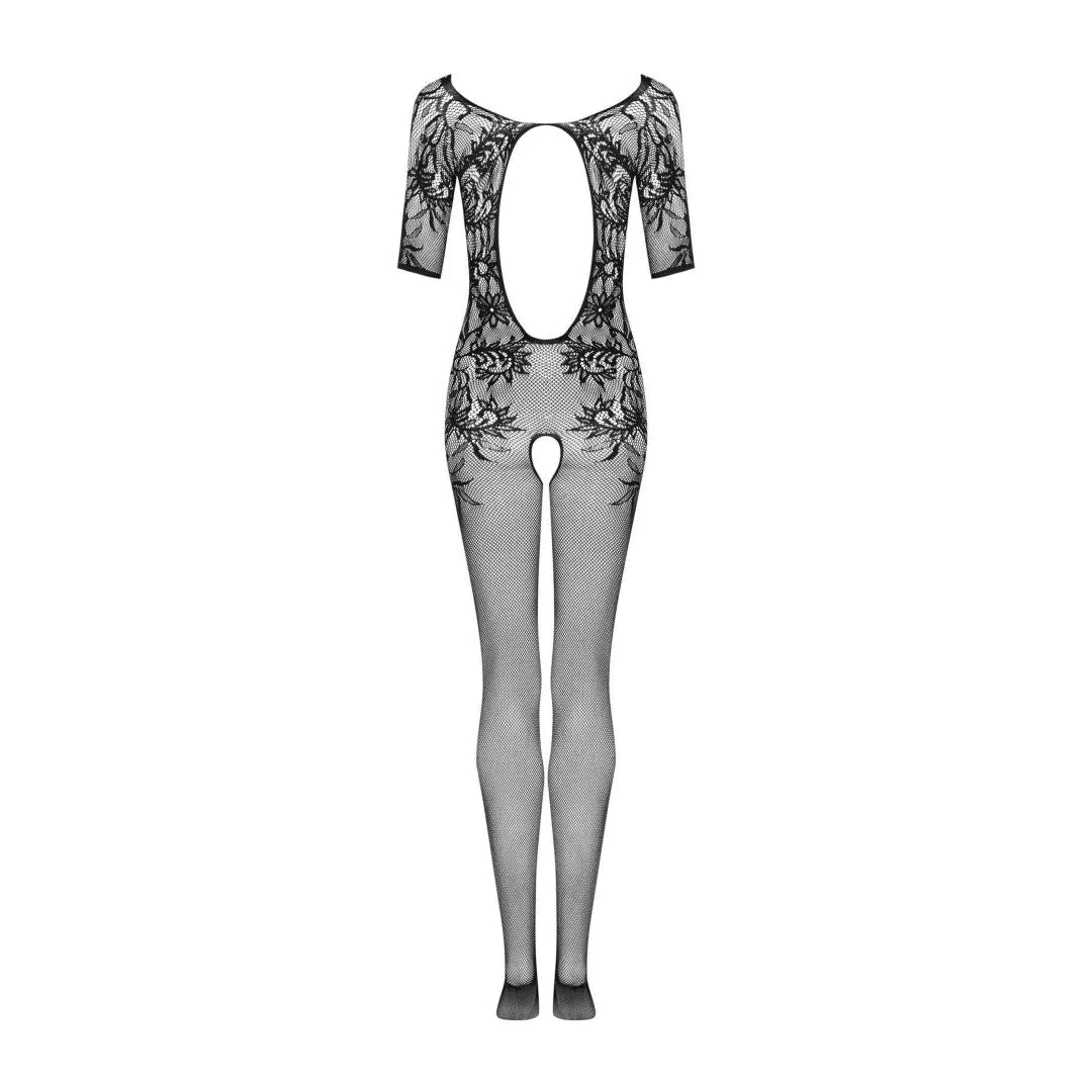 Bodystocking noir floral manches courtes, entrejambe ouvert, dos résille élégant, lingerie séduisante et raffinée.