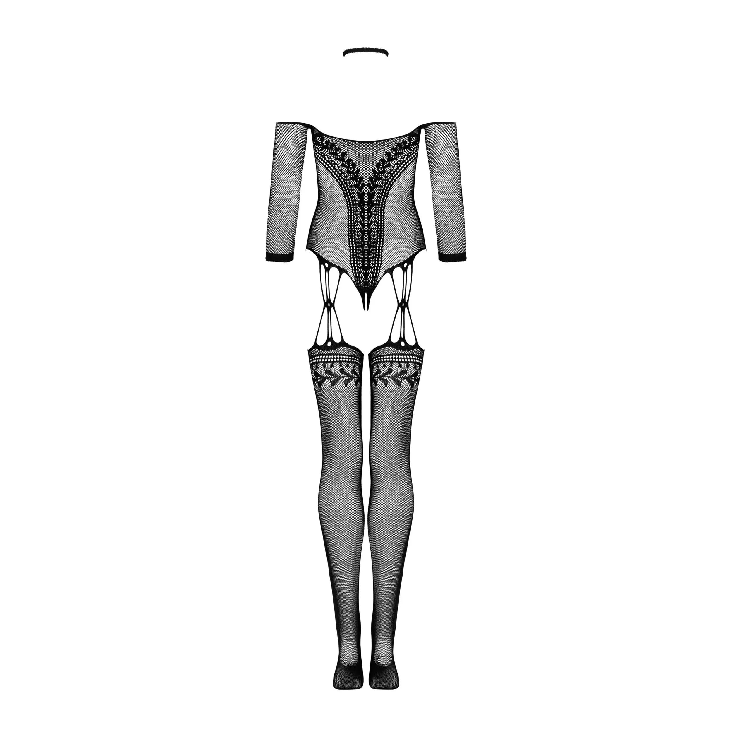 Bodystocking noir floral ouvert, manches ¾, ajustable, dos élégant, entrejambe ouvert, lingerie sexy glamour.