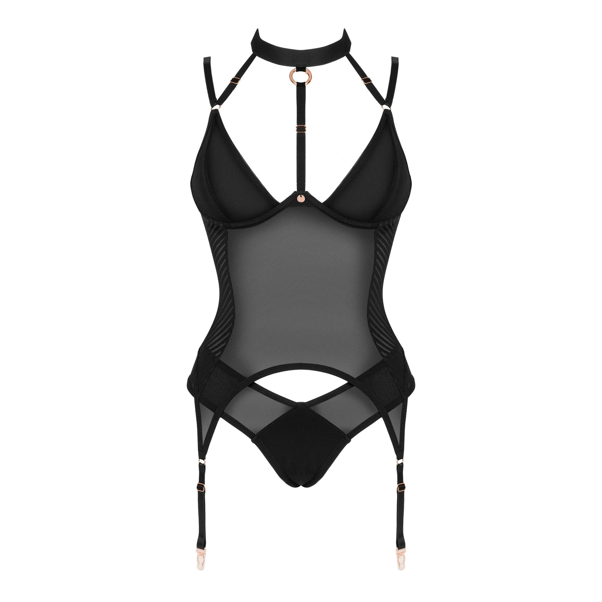 Corset noir Brasica avec détails or rose, bonnets à armatures, bretelles et porte-jarretelles réglables, culotte assortie.