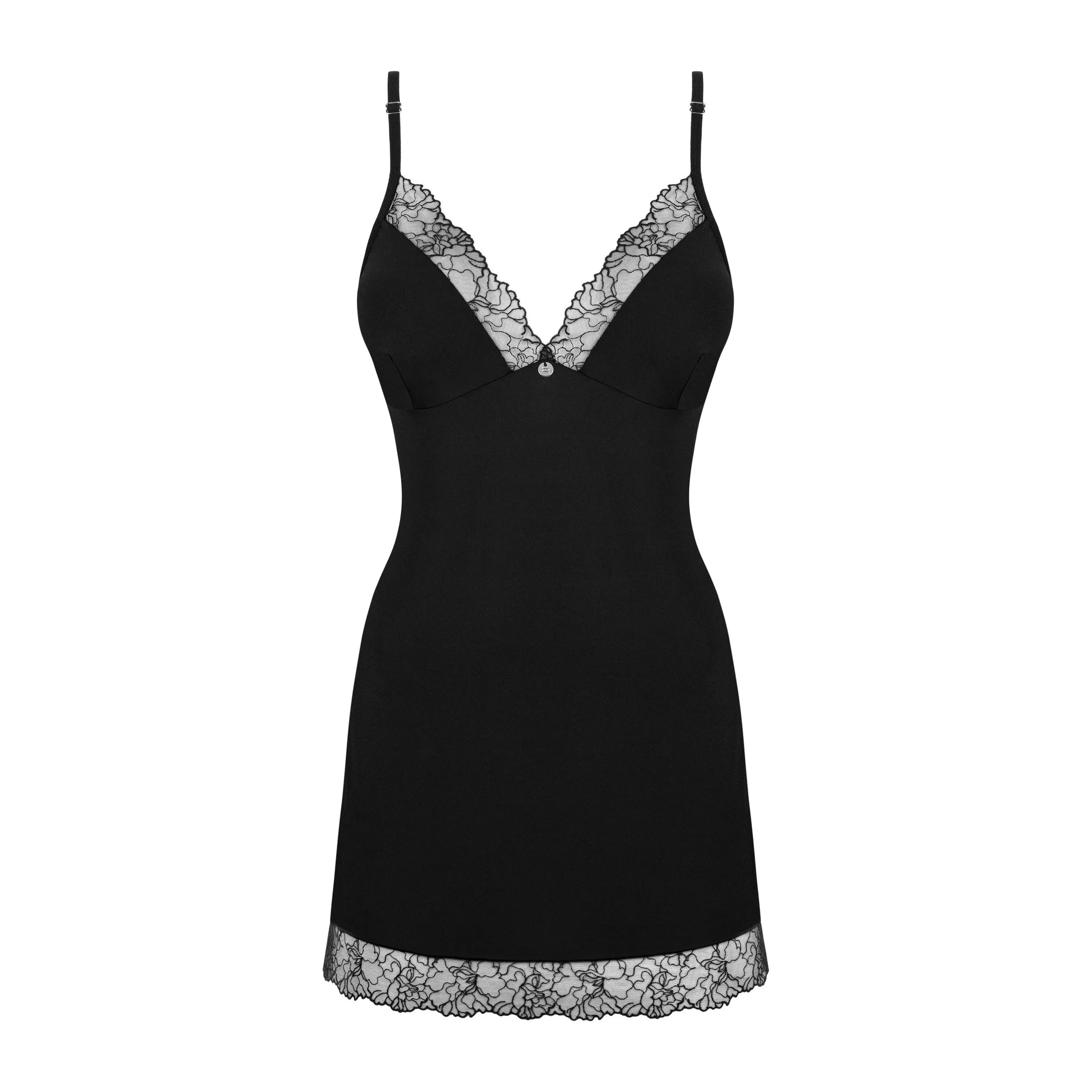 Nuisette noire Bella Rou avec broderie florale sur tulle, bretelles croisées, pendentif argenté, string inclus.