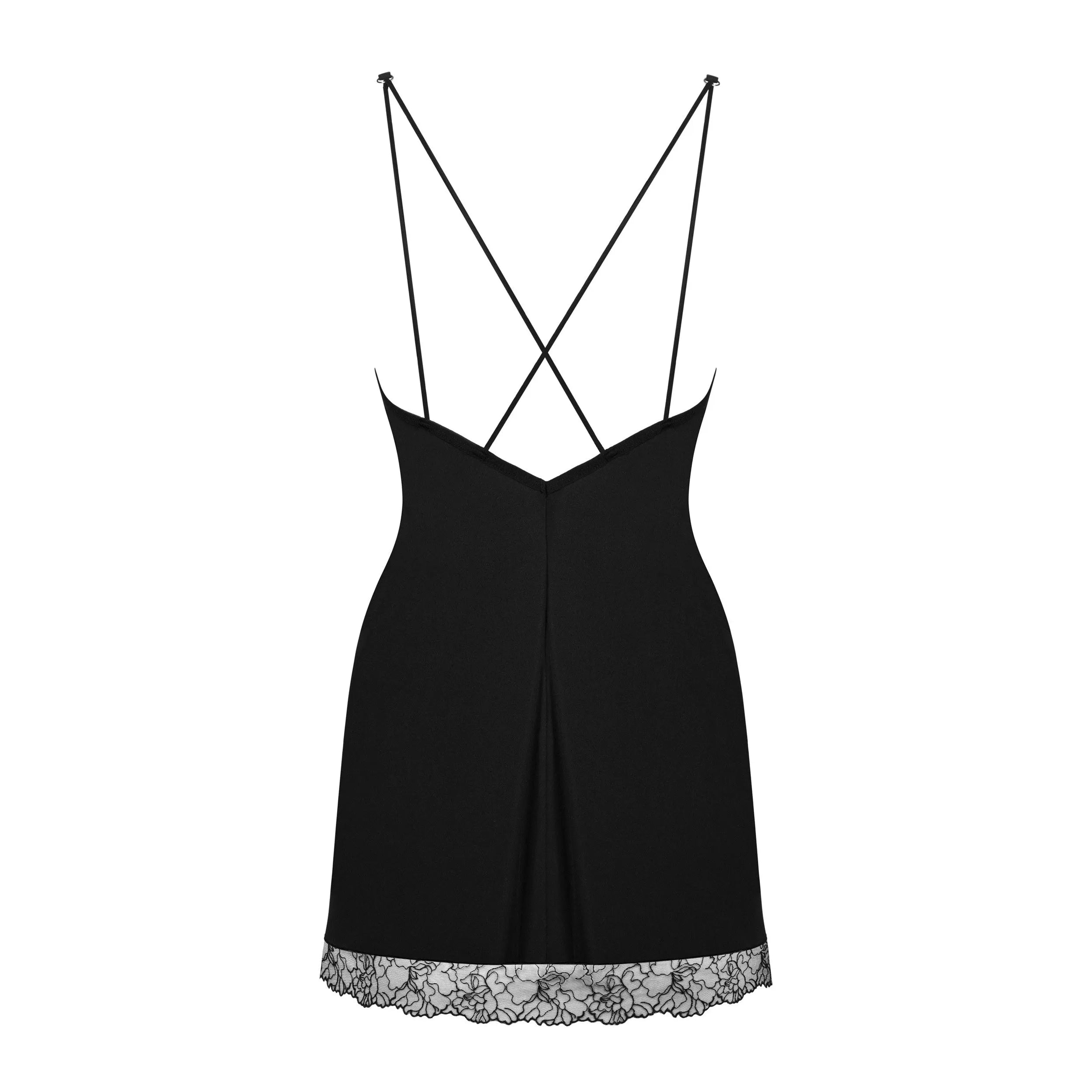 Nuisette noire Bella Rou avec broderie florale sur tulle, bretelles croisées élégantes, string assorti inclus.