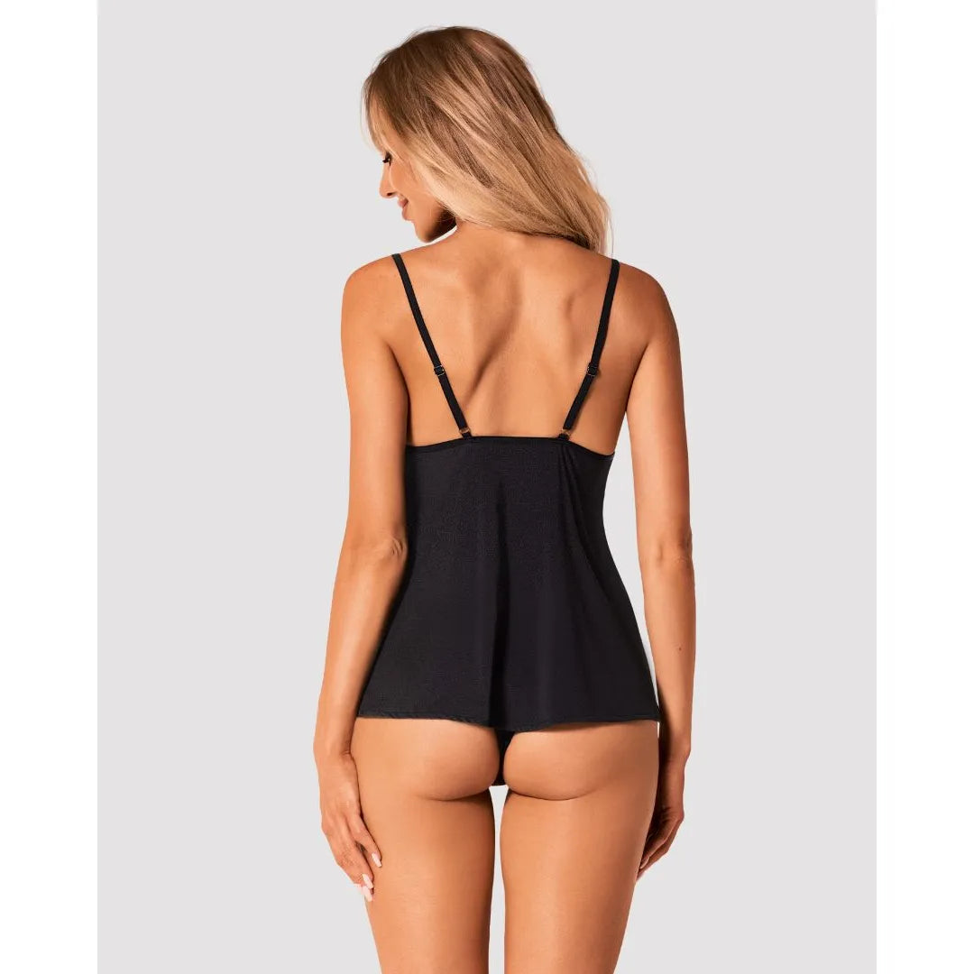 Ensemble lingerie noir Bella Rou, broderie florale en tulle, top et culotte élégants, vue arrière, style raffiné.