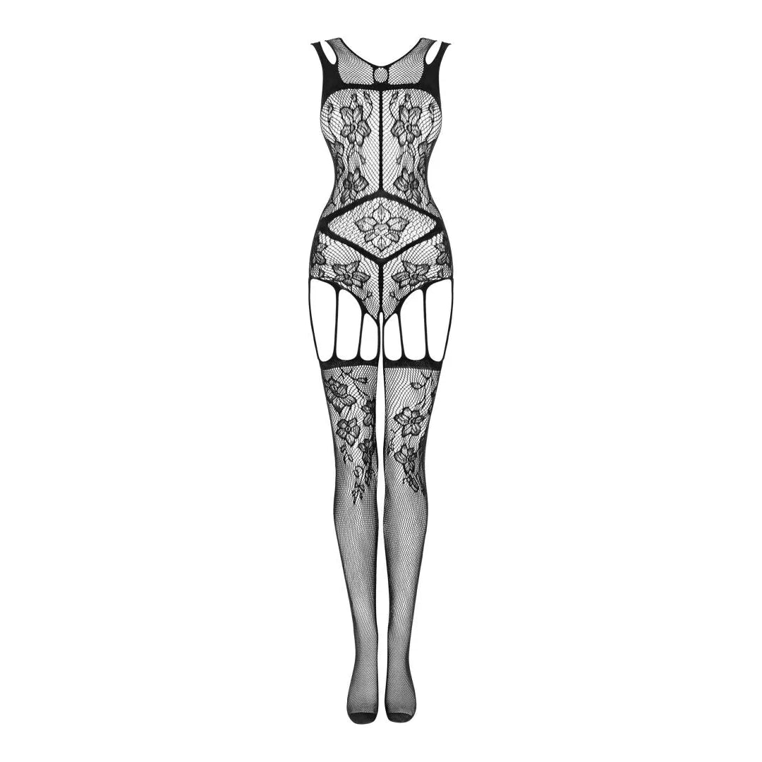 Bodystocking noir résille floral avec entrejambe ouvert, lanières élastiques, motif géométrique et floral séduisant.