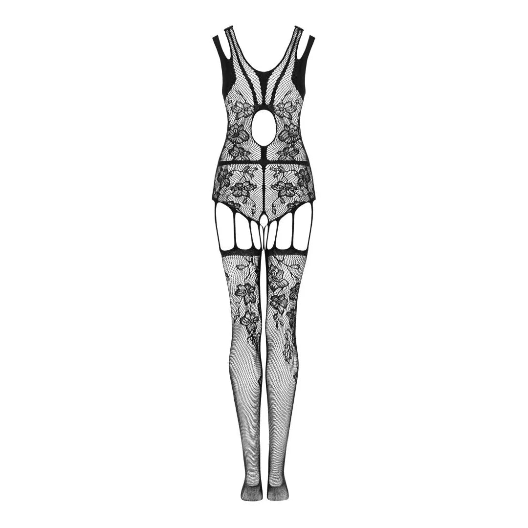 Bodystocking noir résille floral, entrejambe ouvert, lanières élastiques, motif géométrique et floral sensuel.