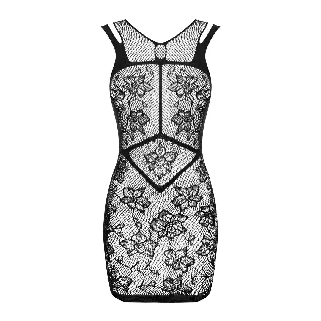Mini robe noire épicée motif floral géométrique découpe dos tissu élastique