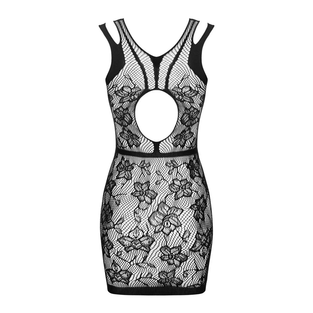 Mini robe noire épicée motif floral géométrique découpe dos tissu élastique
