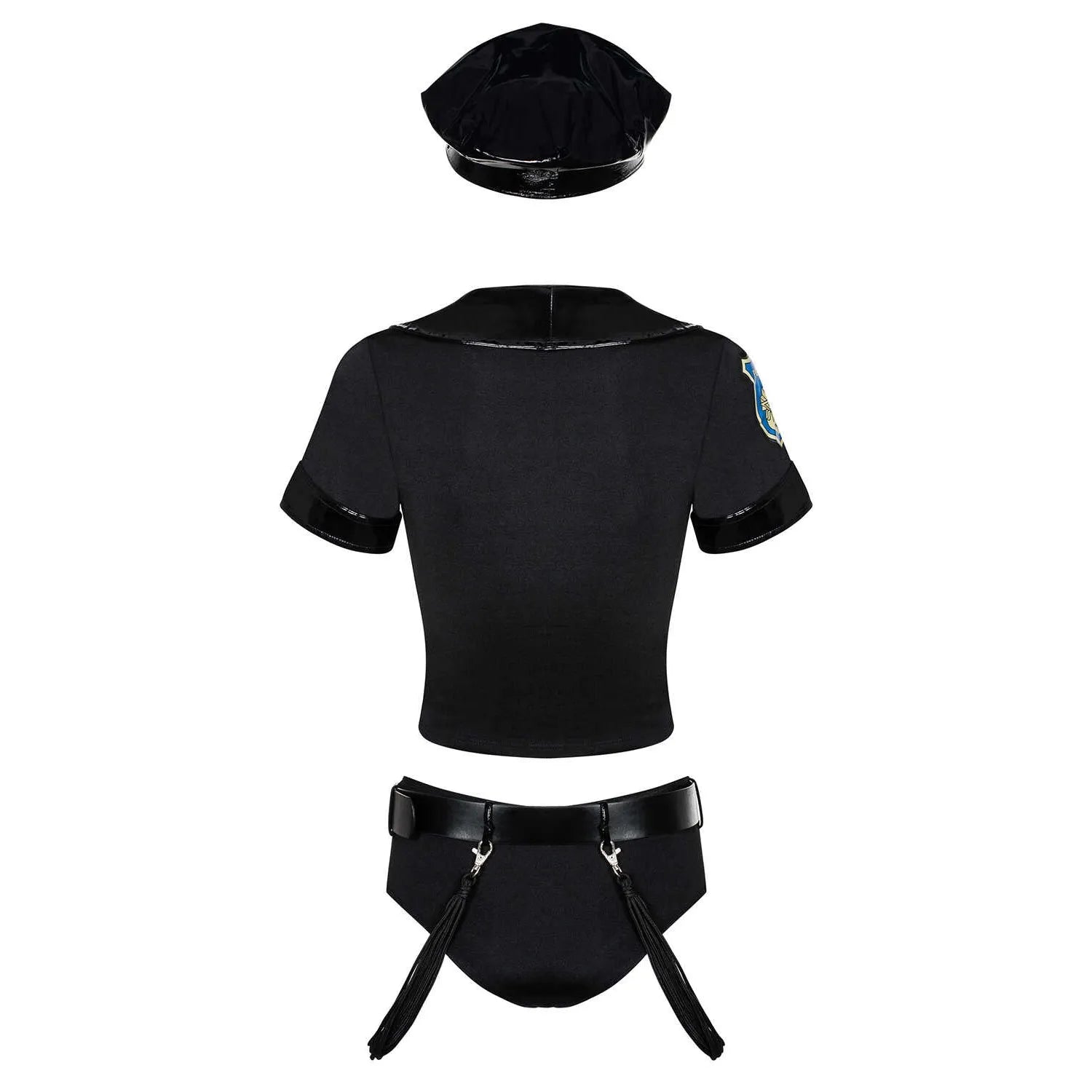 Costume policier femme vinyle noir, haut zippé, badges stylés, ceinture, casquette, look chic et provocateur.
