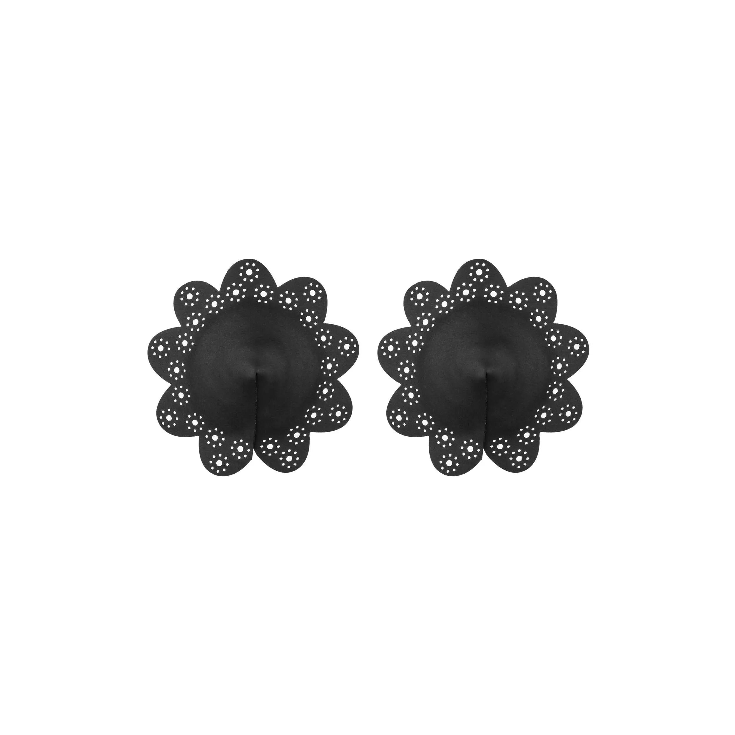 Cache-tétons noirs scintillants A770 en forme de fleur, réutilisables, avec découpes ajourées, en polyuréthane.