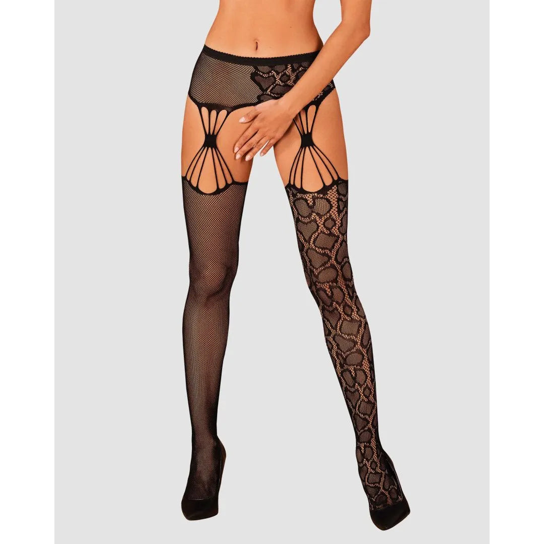Bas jarretelles noir motif animalier, élastique, coupe flatteuse, accessoire lingerie séduisant pour jeux ludiques.