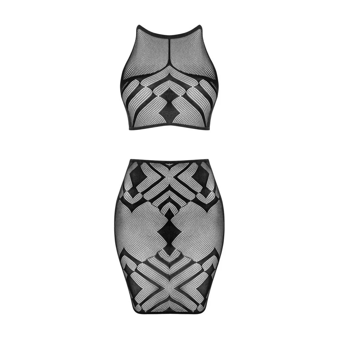 lingerie ludique haut court jupe moulante noire design géométrique élastique