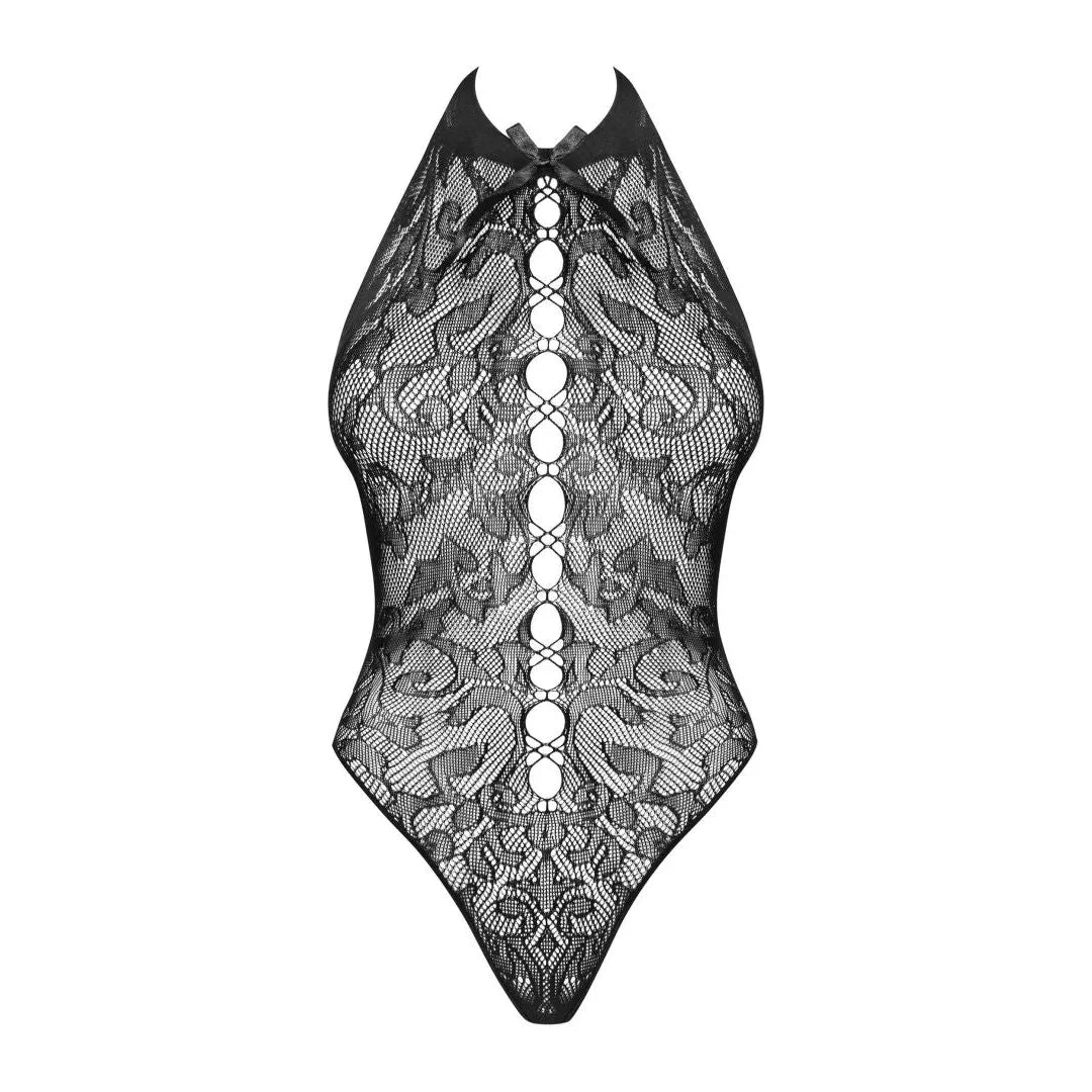 Body noir dentelle laçage, dos nu, effet amincissant, motif floral, allure sexy et féminine, séduction élégante.