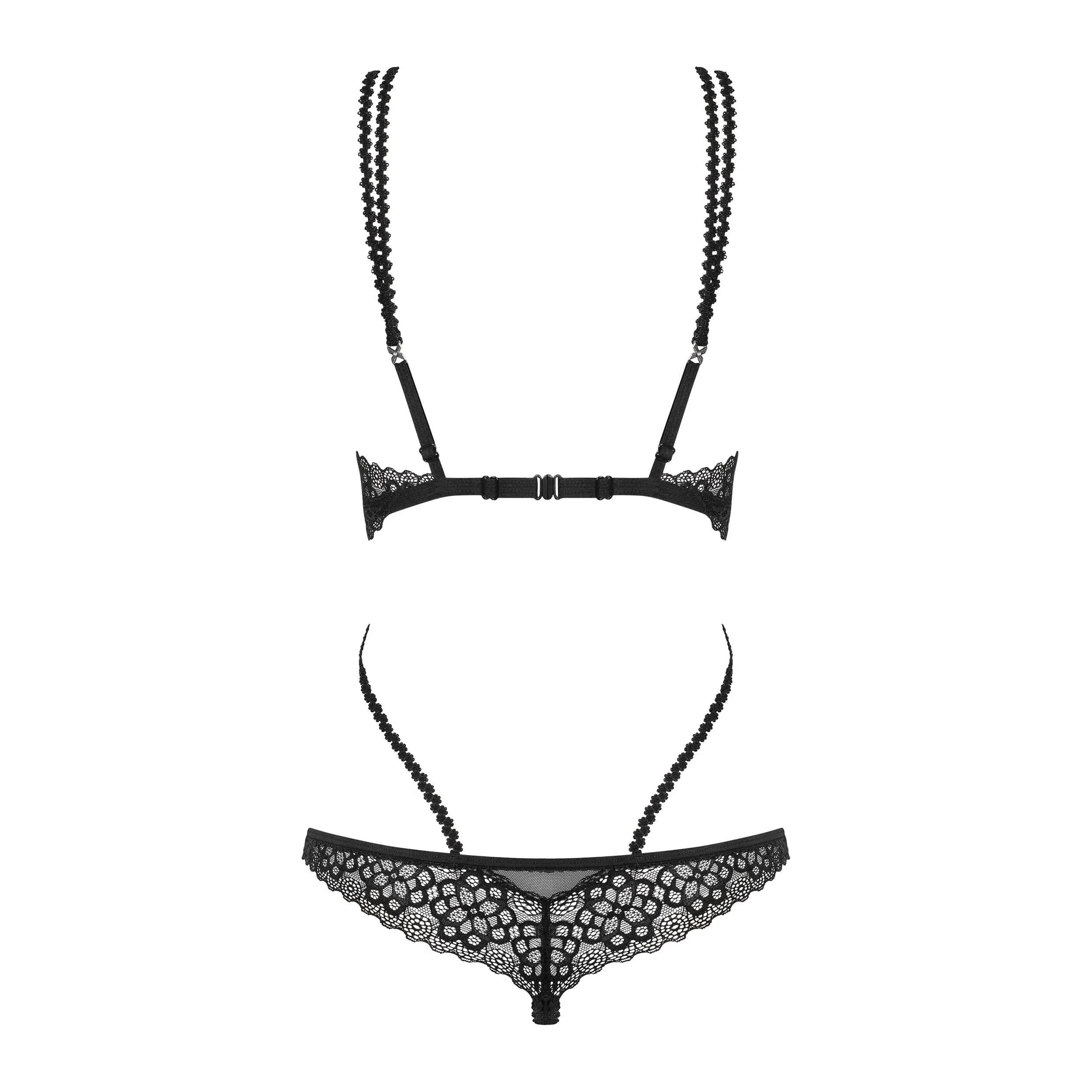 Body dentelle noir sans armatures, cache-tétons ajustable, lanières élégantes, design raffiné et sophistiqué.