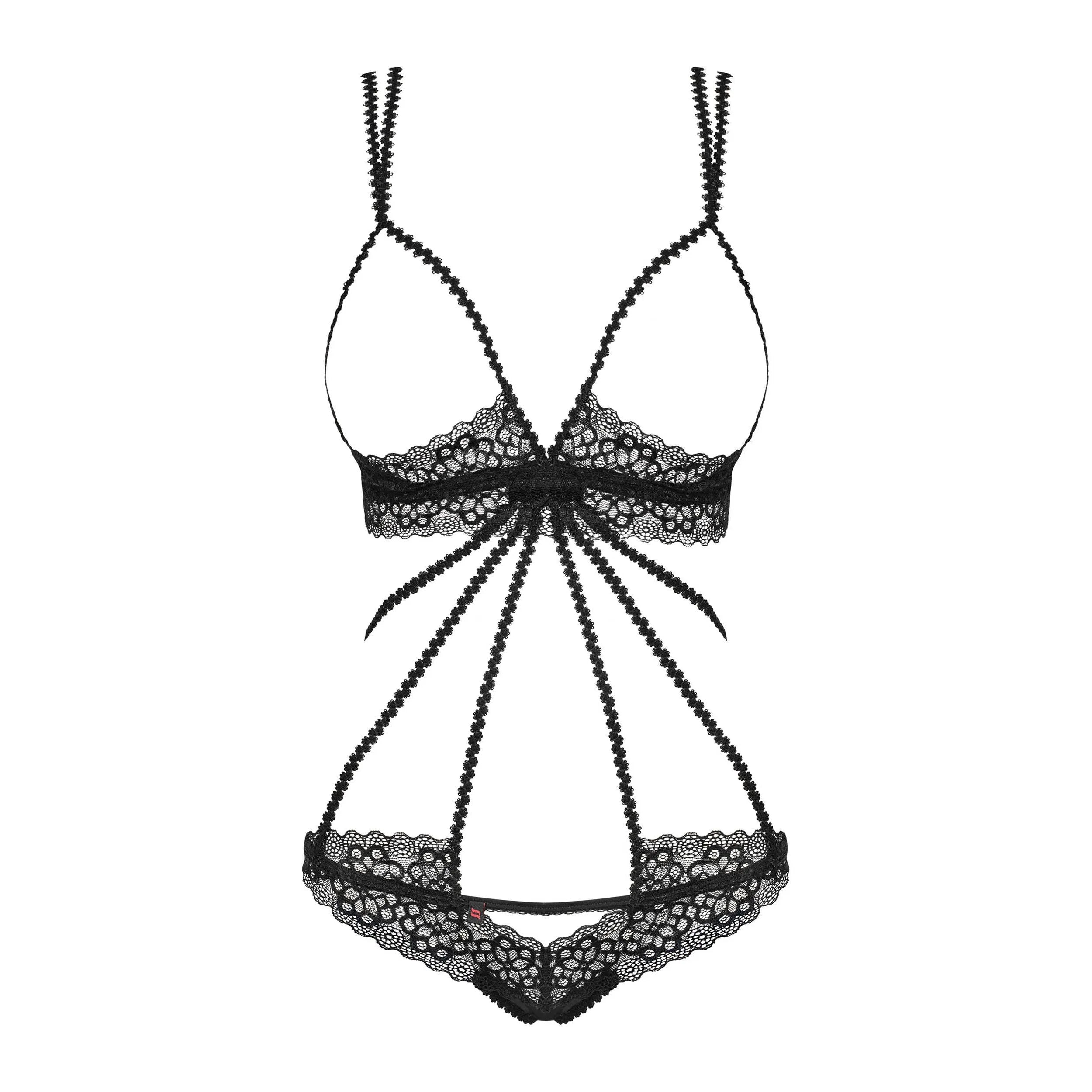 Body dentelle noir sans armatures, cache-tétons ajustable, lanières élégantes, design raffiné et sophistiqué.