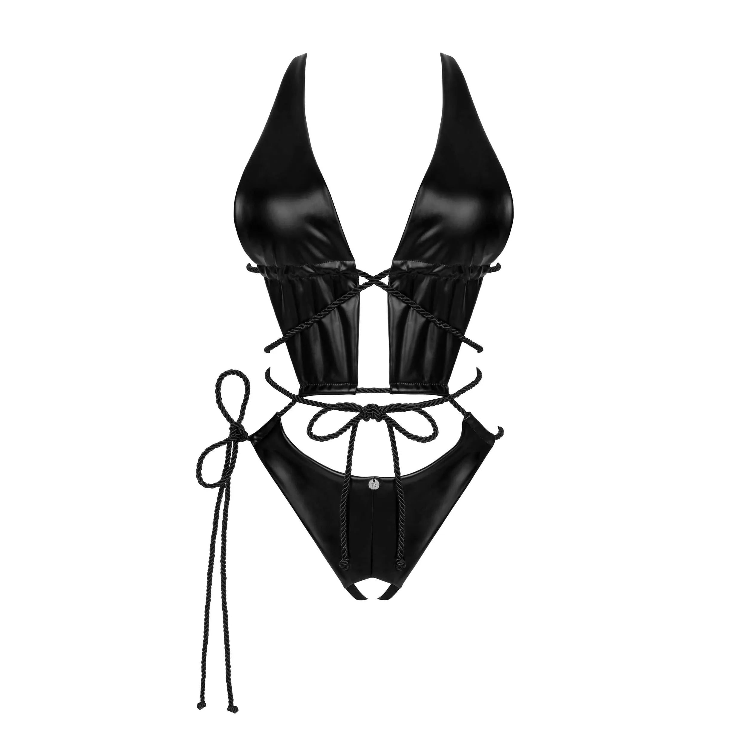 Body ouvert noir effet mouillé, coupe flatteuse avec détails lanières, design sensuel et audacieux pour silhouette sublimée.