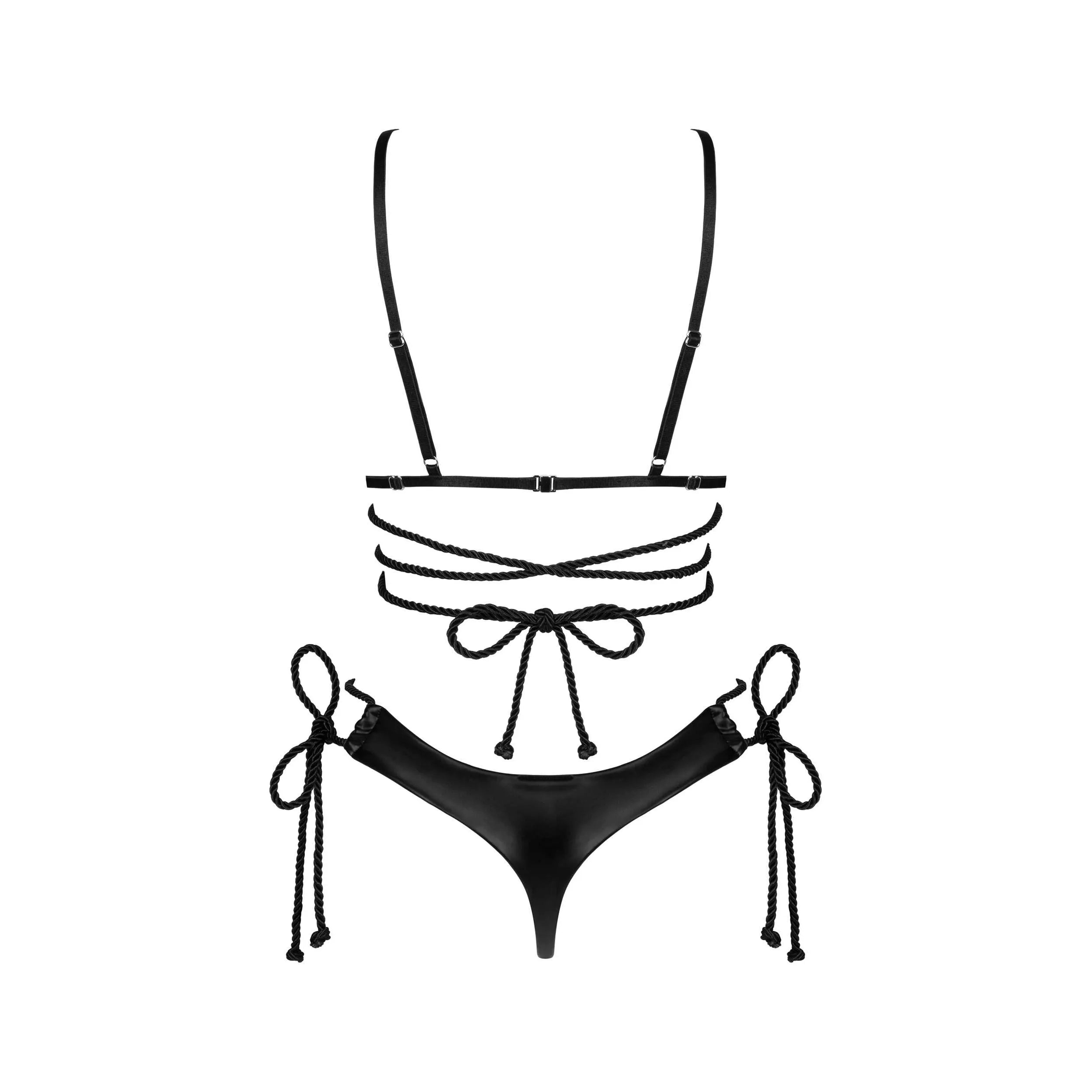 Ensemble lingerie noir wetlook brillant, soutien-gorge et string ouvert avec cordons élastiques pour femmes audacieuses.