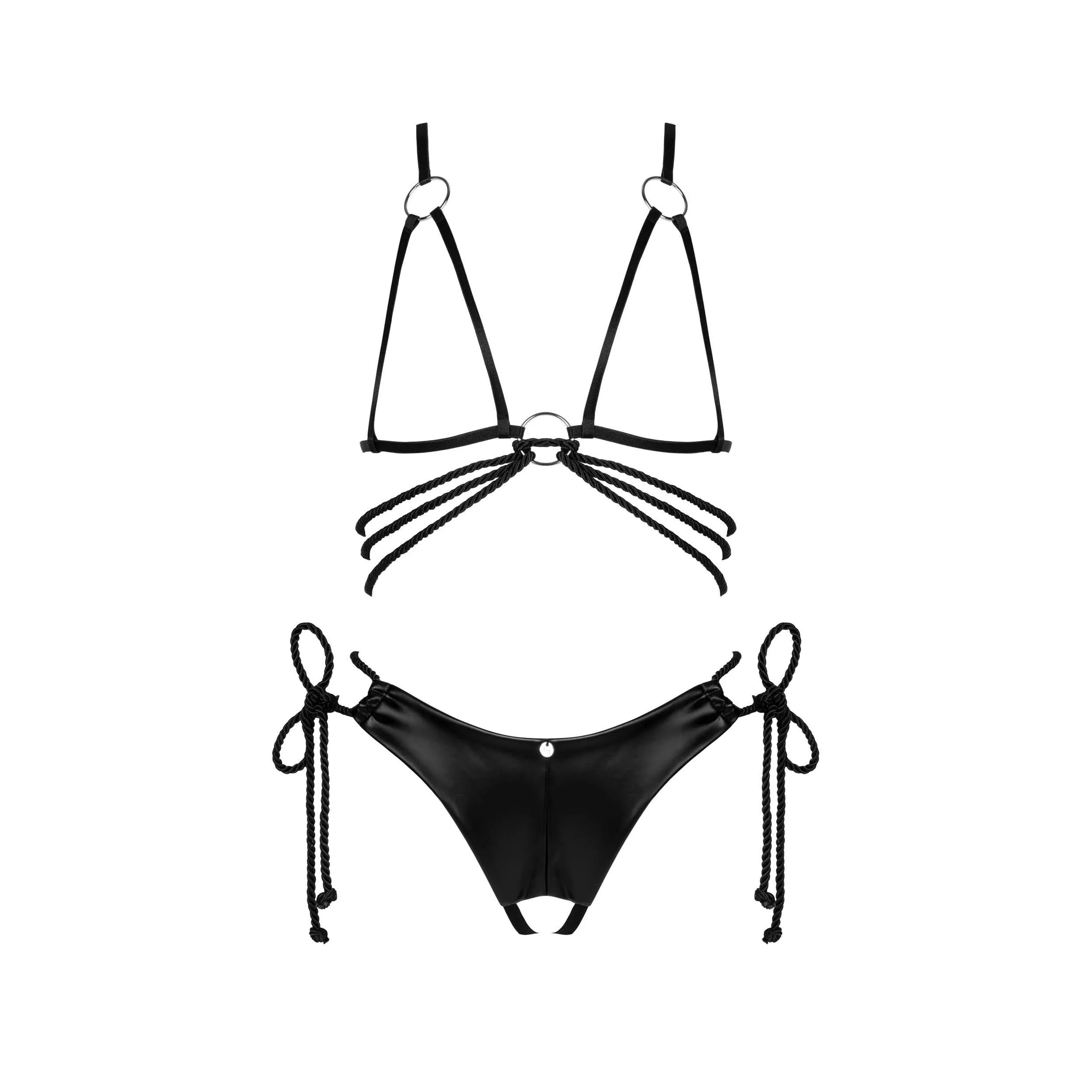 Ensemble lingerie noir wetlook brillant, soutien-gorge et string ouvert avec cordons élastiques, style audacieux.