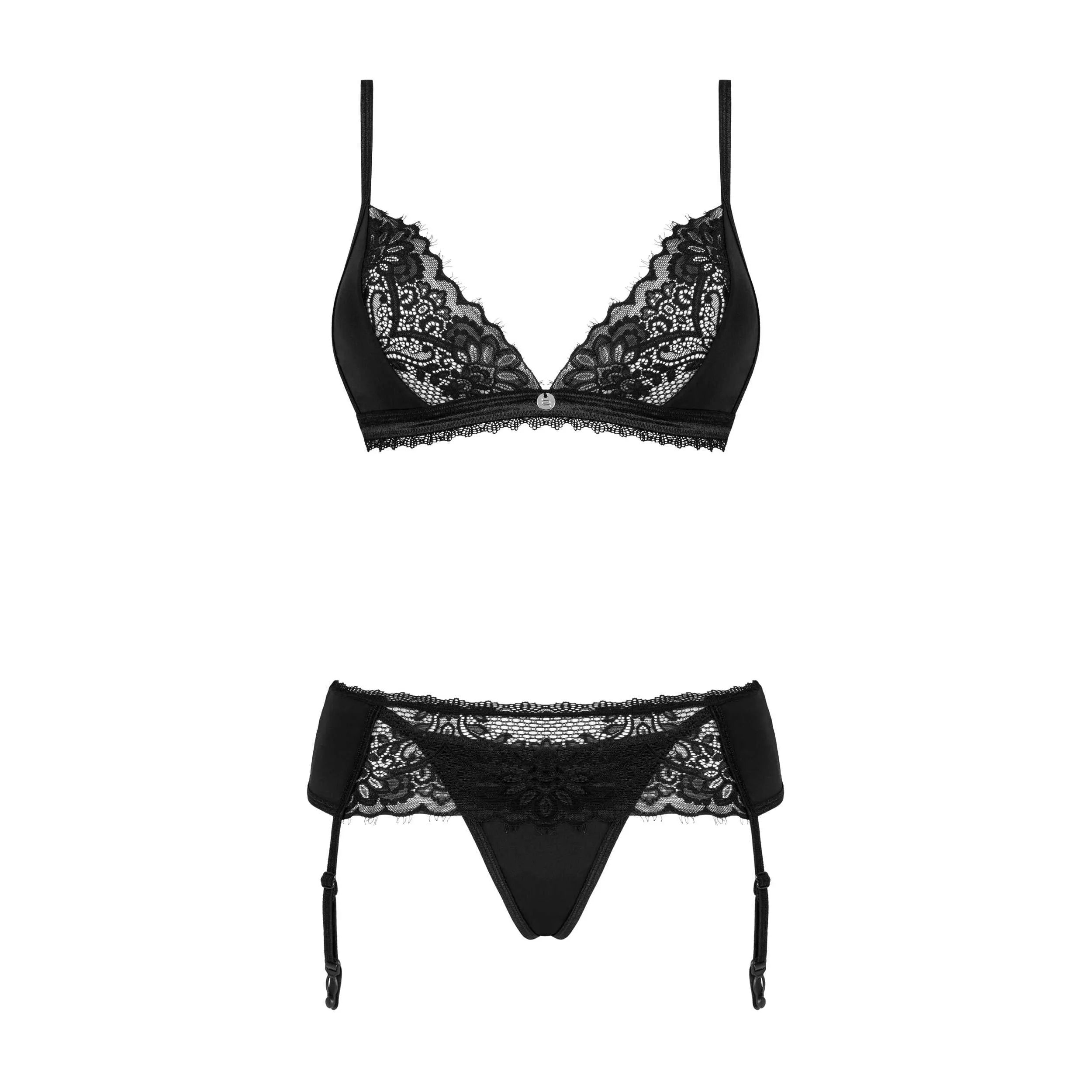 Ensemble lingerie dentelle noire sexy 3 pièces rendez-vous sensuel Maderris