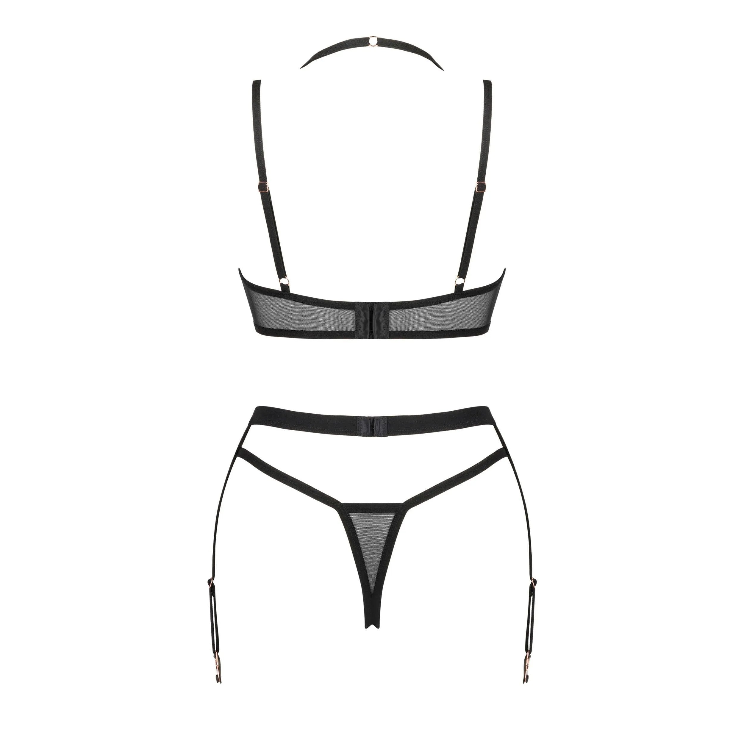 Ensemble lingerie trois pièces noir avec armatures roses et bretelle dos nu
