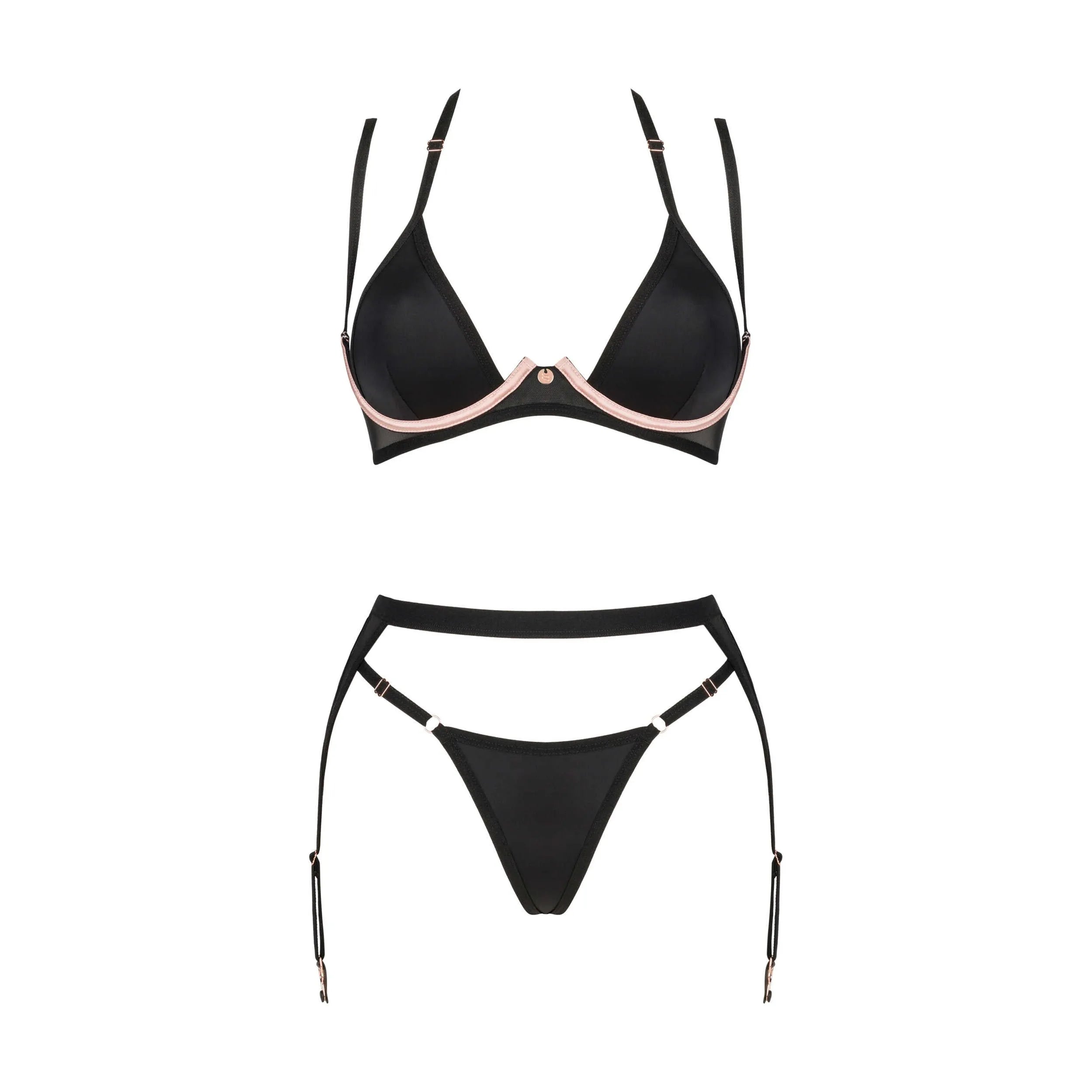Ensemble lingerie trois pièces noir avec armatures roses et bretelle dos nu