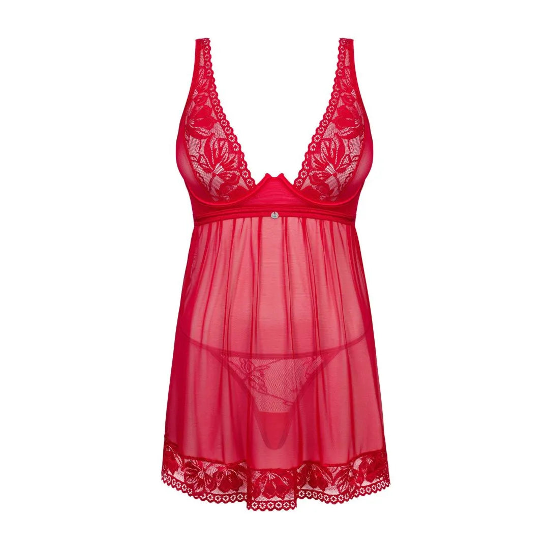 Nuisette Lacelove babydoll rouge dentelle transparente ajustable pour soirées passionnées