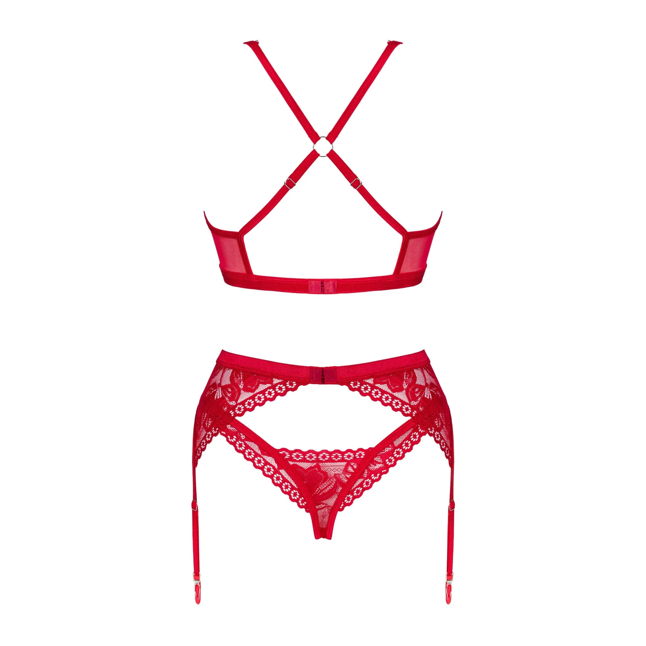 Ensemble lingerie dentelle rouge sexy trois pièces soutien-gorge string porte-jarretelles