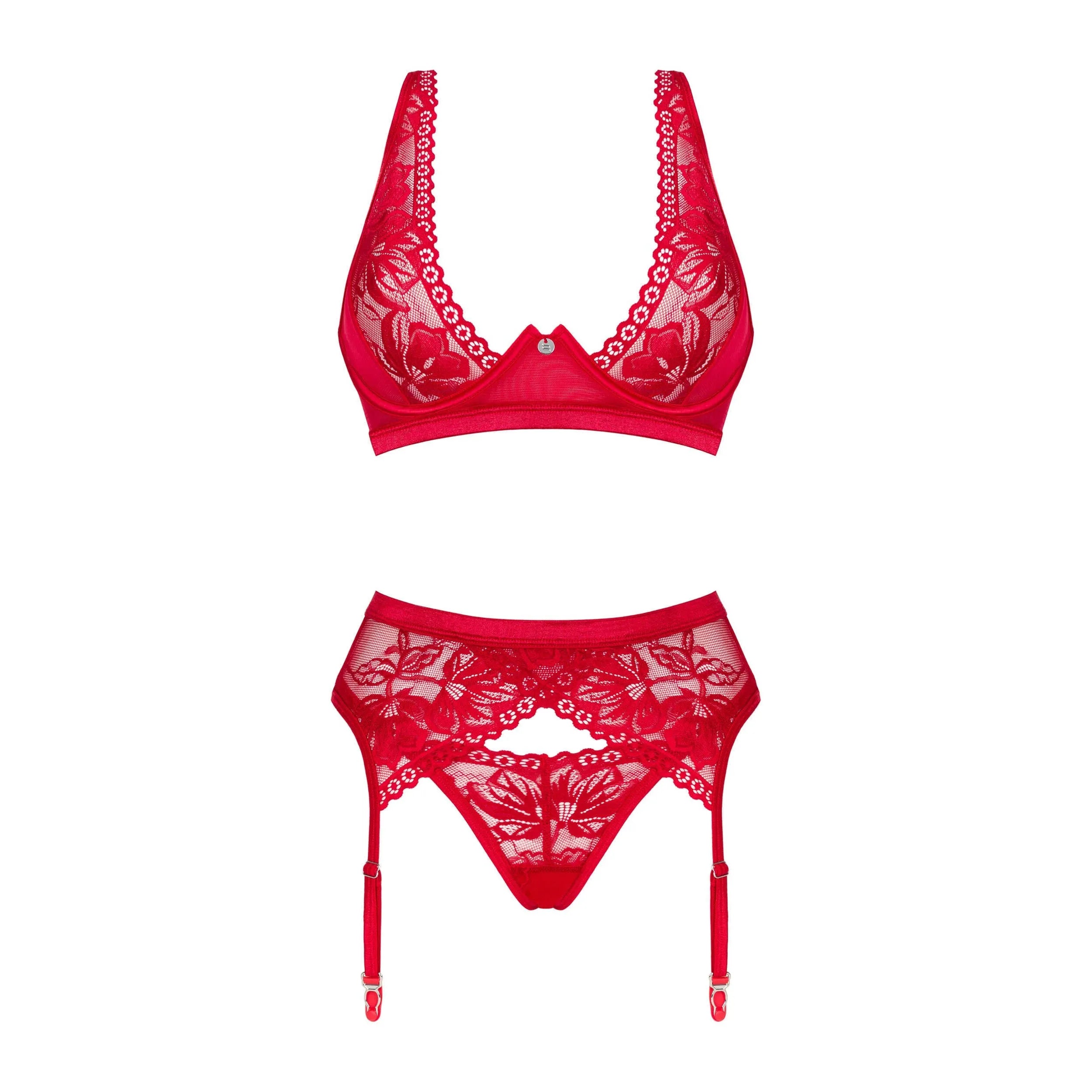 Ensemble lingerie dentelle rouge sexy trois pièces soutien-gorge string porte-jarretelles