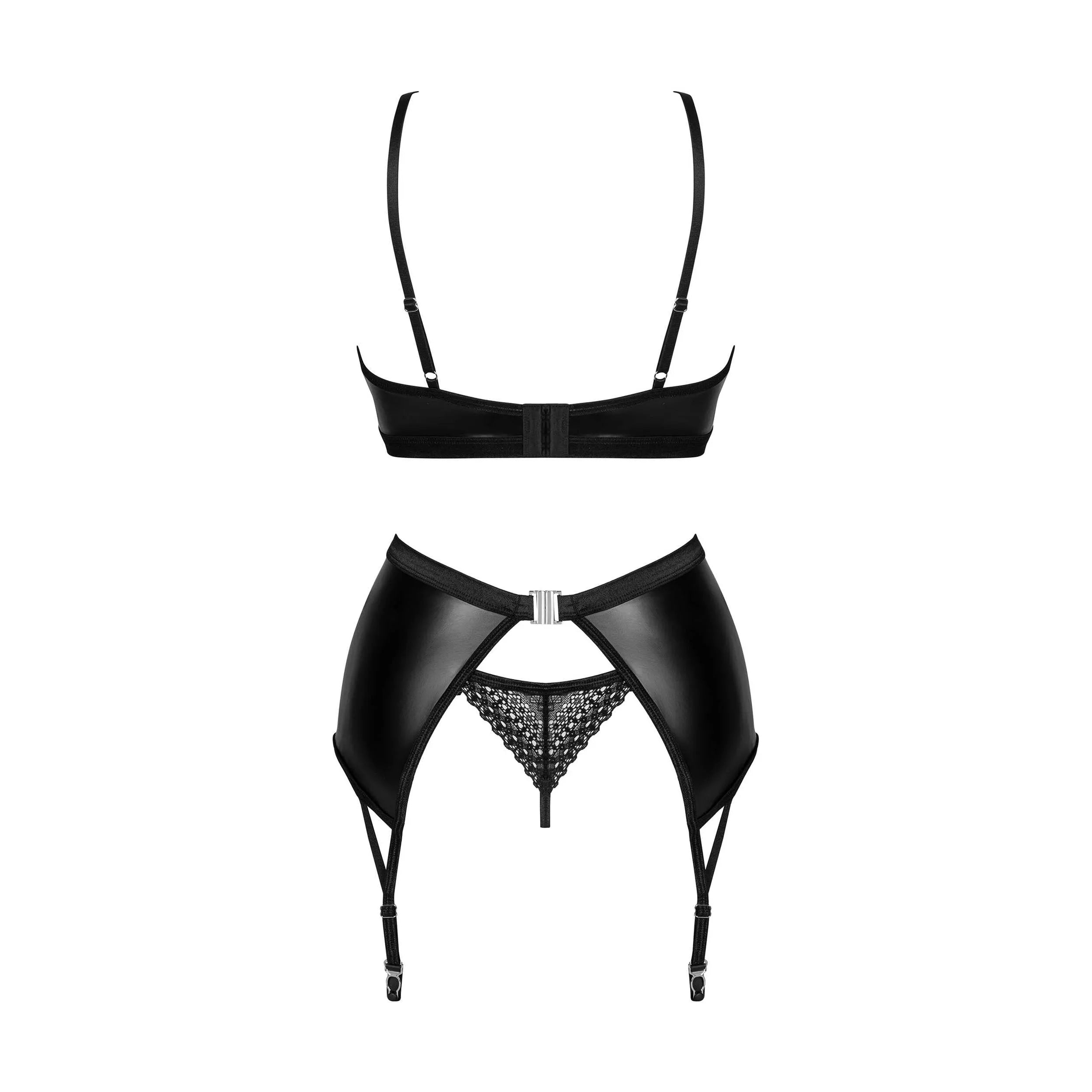 Norides ensemble lingerie noir 3 pièces dentelle brillant soutien-gorge string porte-jarretelles