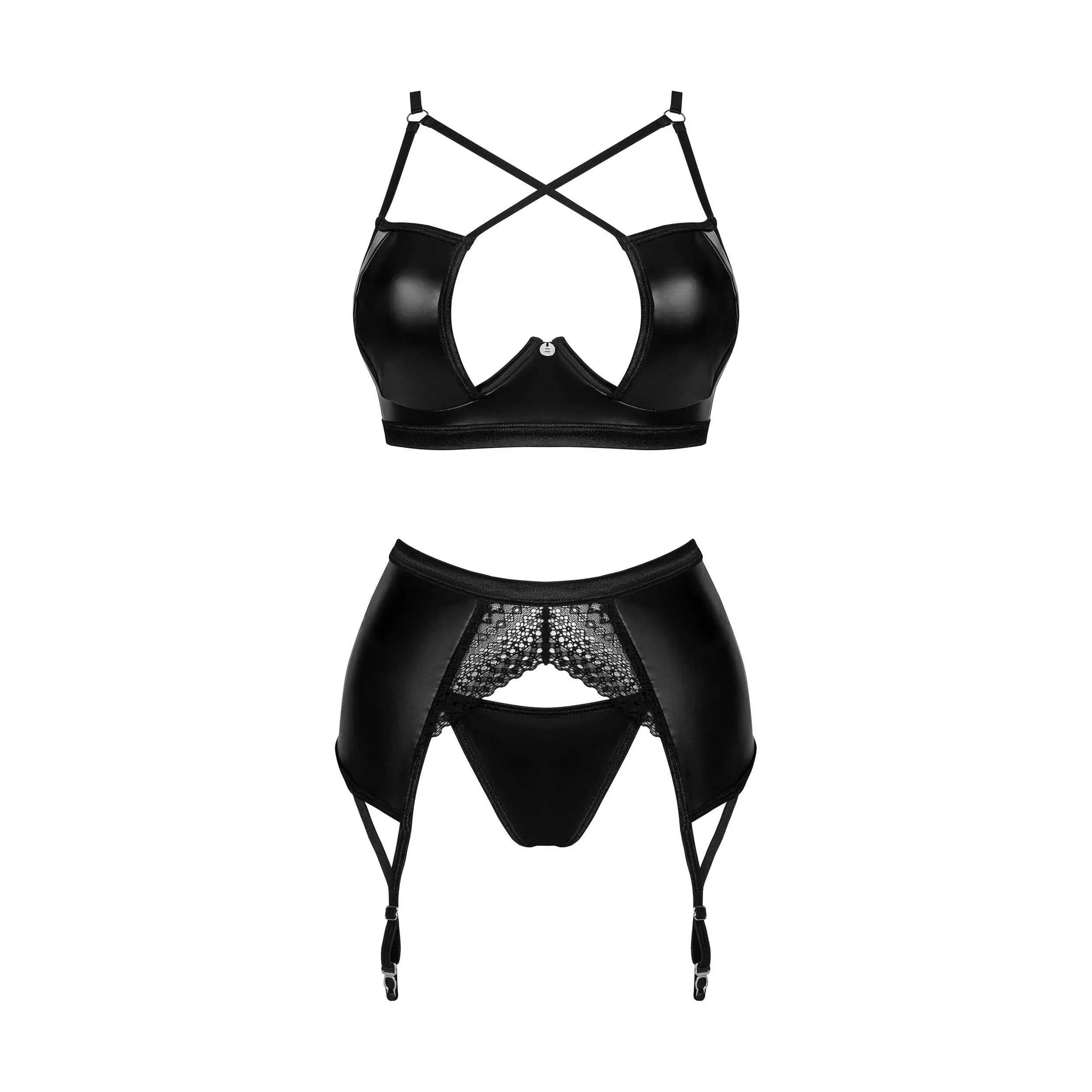 Norides ensemble lingerie noir 3 pièces dentelle brillant soutien-gorge string porte-jarretelles