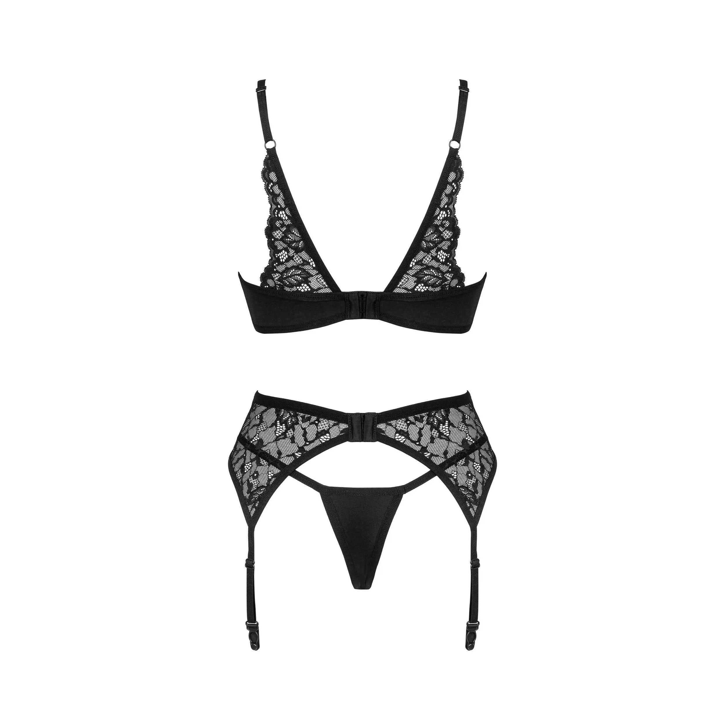 Ensemble lingerie noir Bellastia 3 pièces avec dentelle, soutien-gorge, porte-jarretelles et string, ajustement parfait.