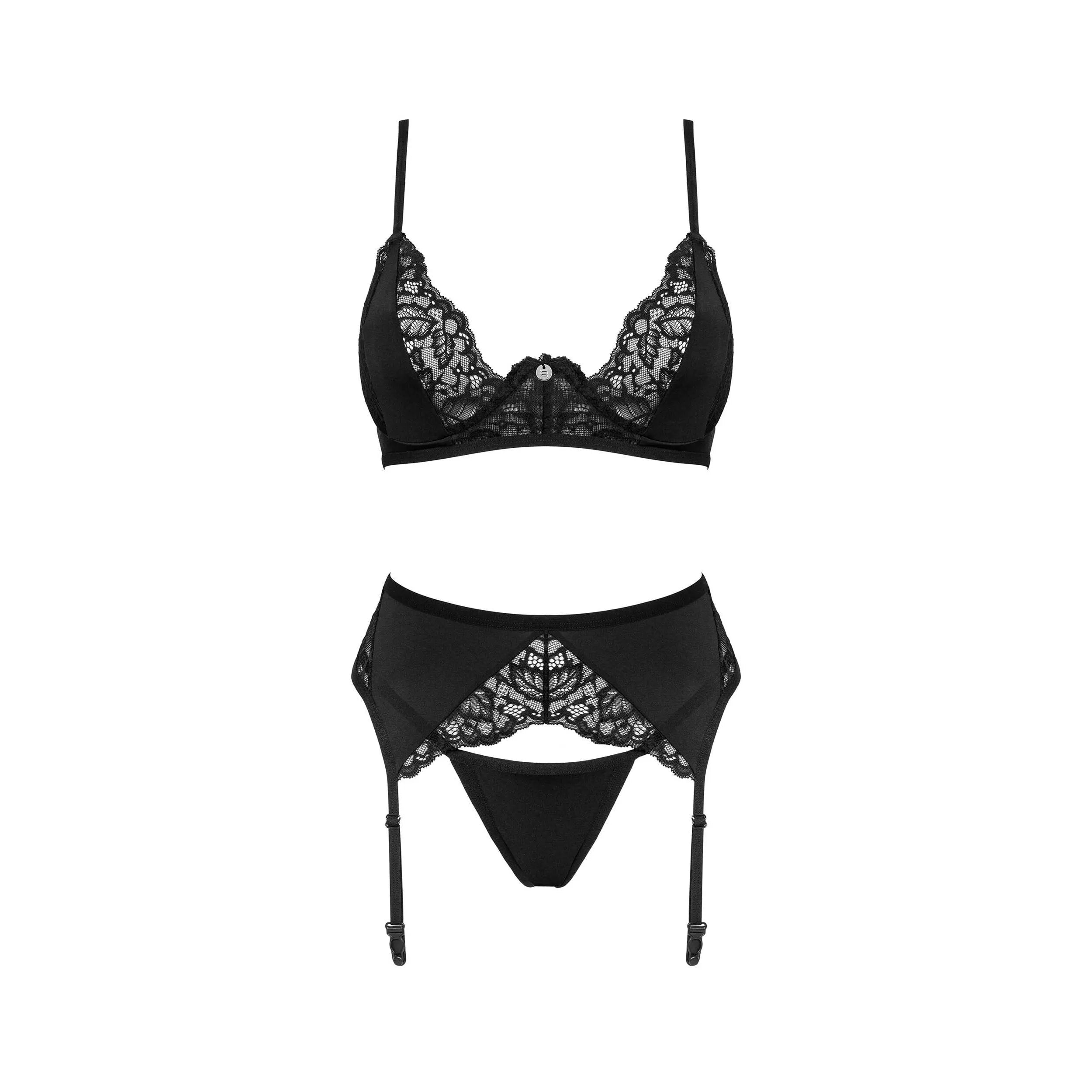 Ensemble lingerie noir Bellastia 3 pièces avec dentelle, soutien-gorge, porte-jarretelles et string, ajustement parfait.