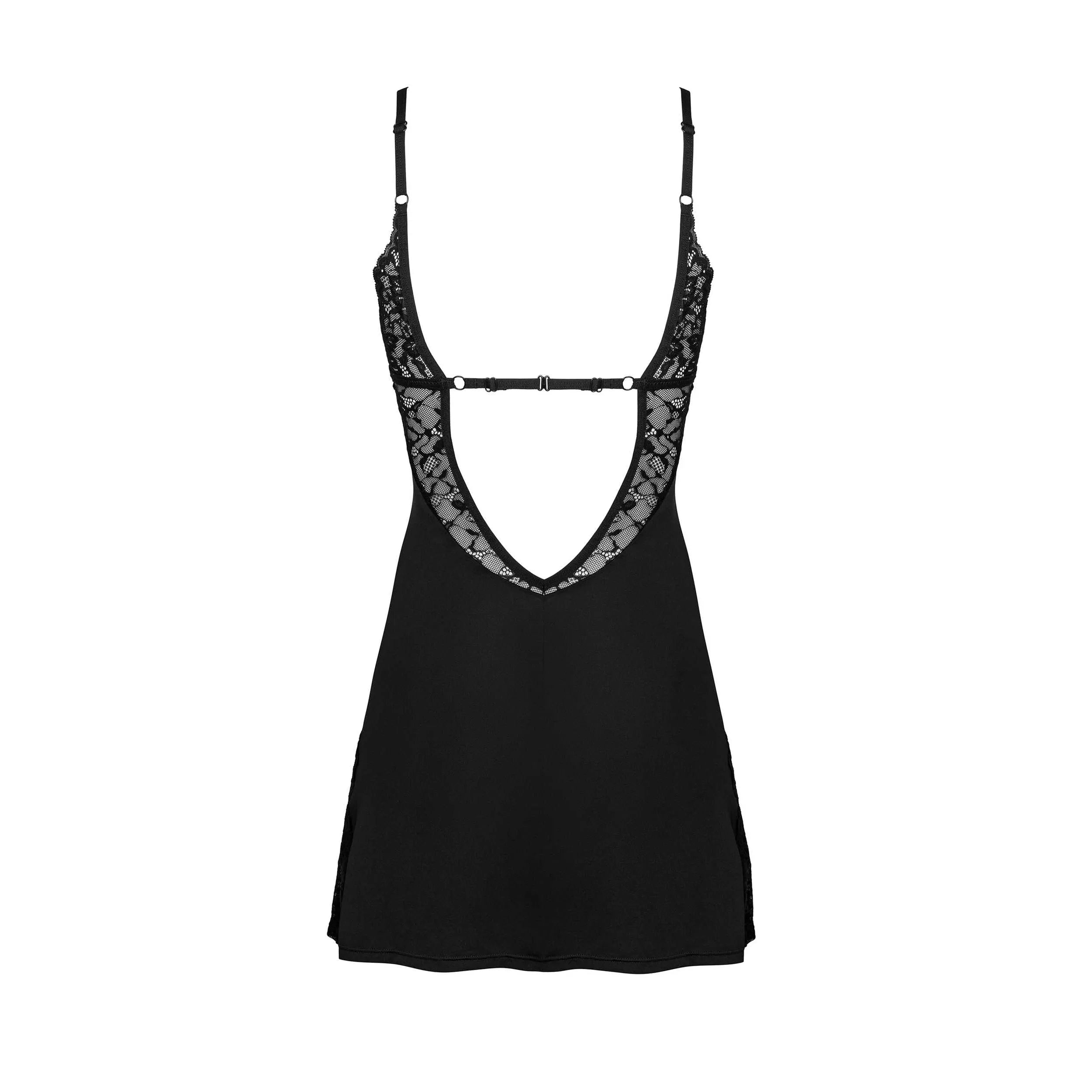 Nuisette noire Bellastia avec bretelles réglables et dentelle, accompagnée d'un string assorti pour un style élégant.