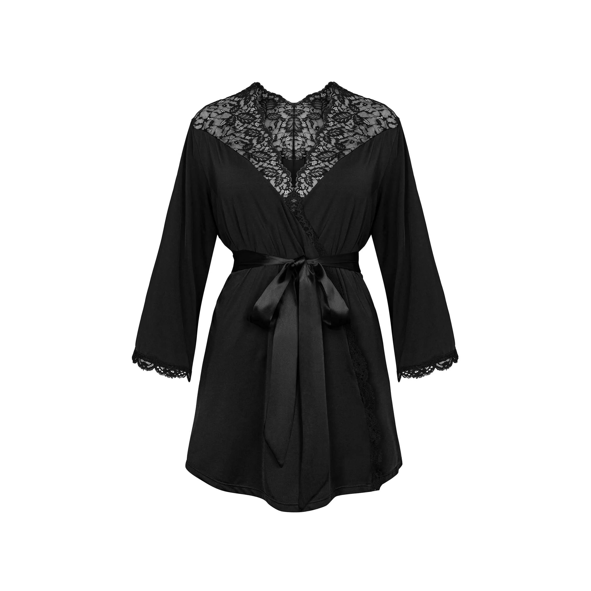 Peignoir noir Bellastia avec dentelle translucide et ceinture accentuant la taille, tissu doux pour confort optimal.