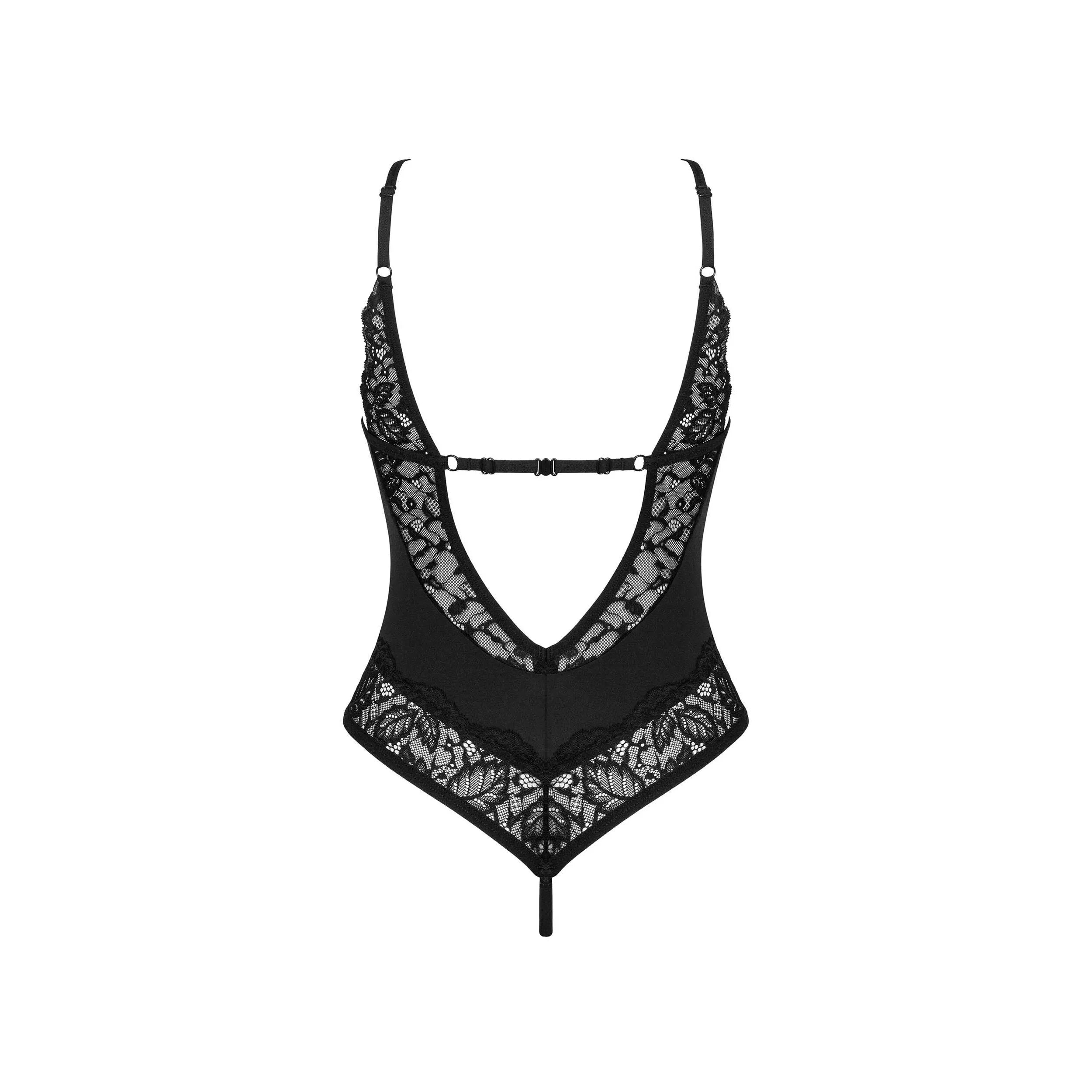 Teddy noir Bellastia en dentelle florale, coupe audacieuse, bretelles réglables, entrejambe ouvert, lingerie séduisante.