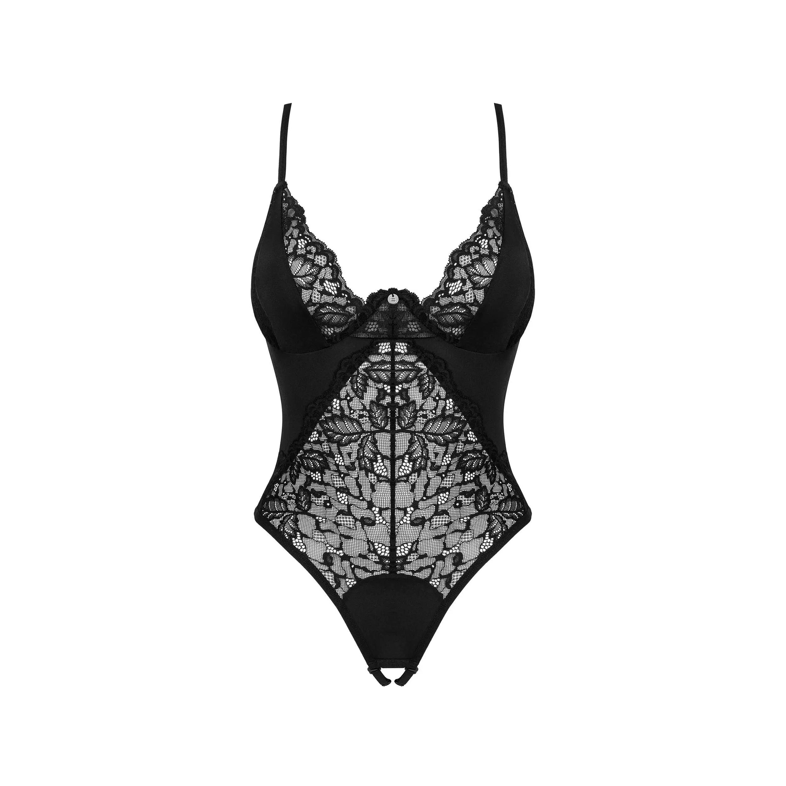 Teddy noir Bellastia en dentelle florale, bretelles réglables, coupe audacieuse, entrejambe ouvert, séduction féminine.