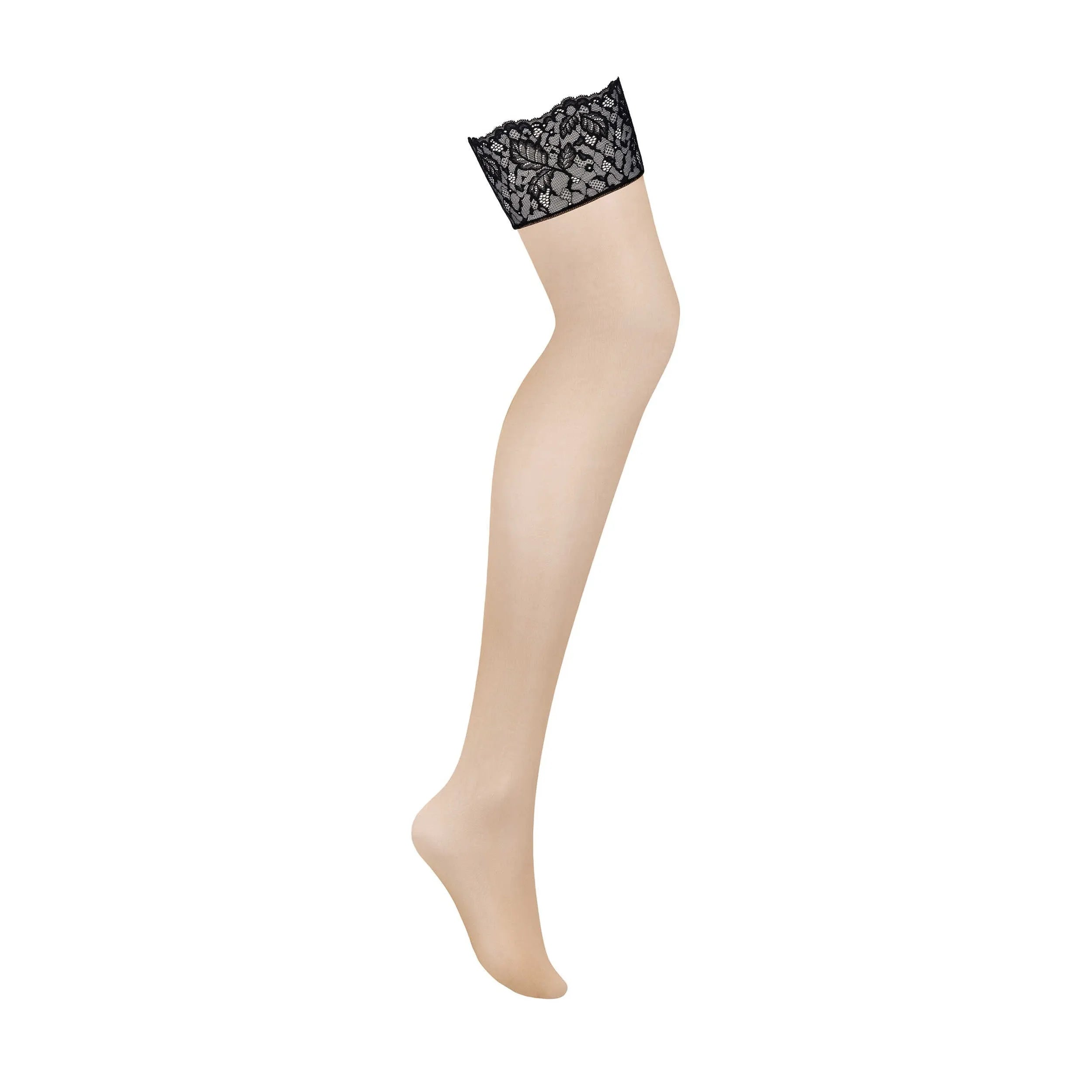 Bas jarretelles beiges avec dentelle noire florale, élégants et sensuels, accessoire mode raffiné pour toute occasion.