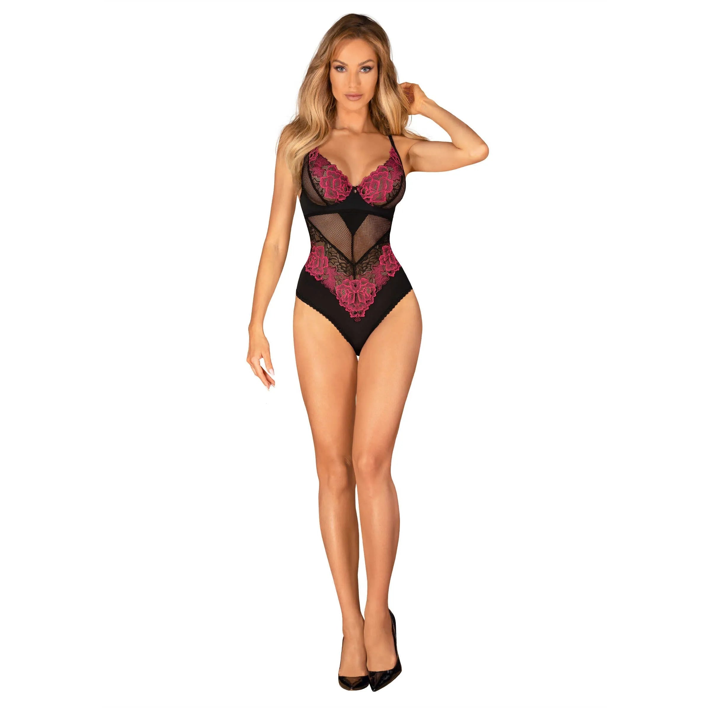 Body lingerie noir inky avec motifs floraux élégants, ajustement parfait, mettant en valeur les courbes féminines.
