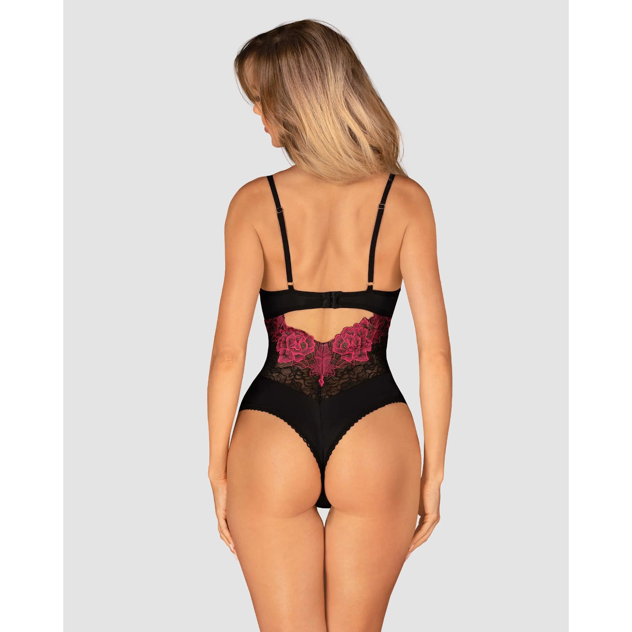 Body lingerie noir inky, motifs floraux élégants, ajustement parfait, sublime les courbes, dos ouvert, bretelles ajustables.