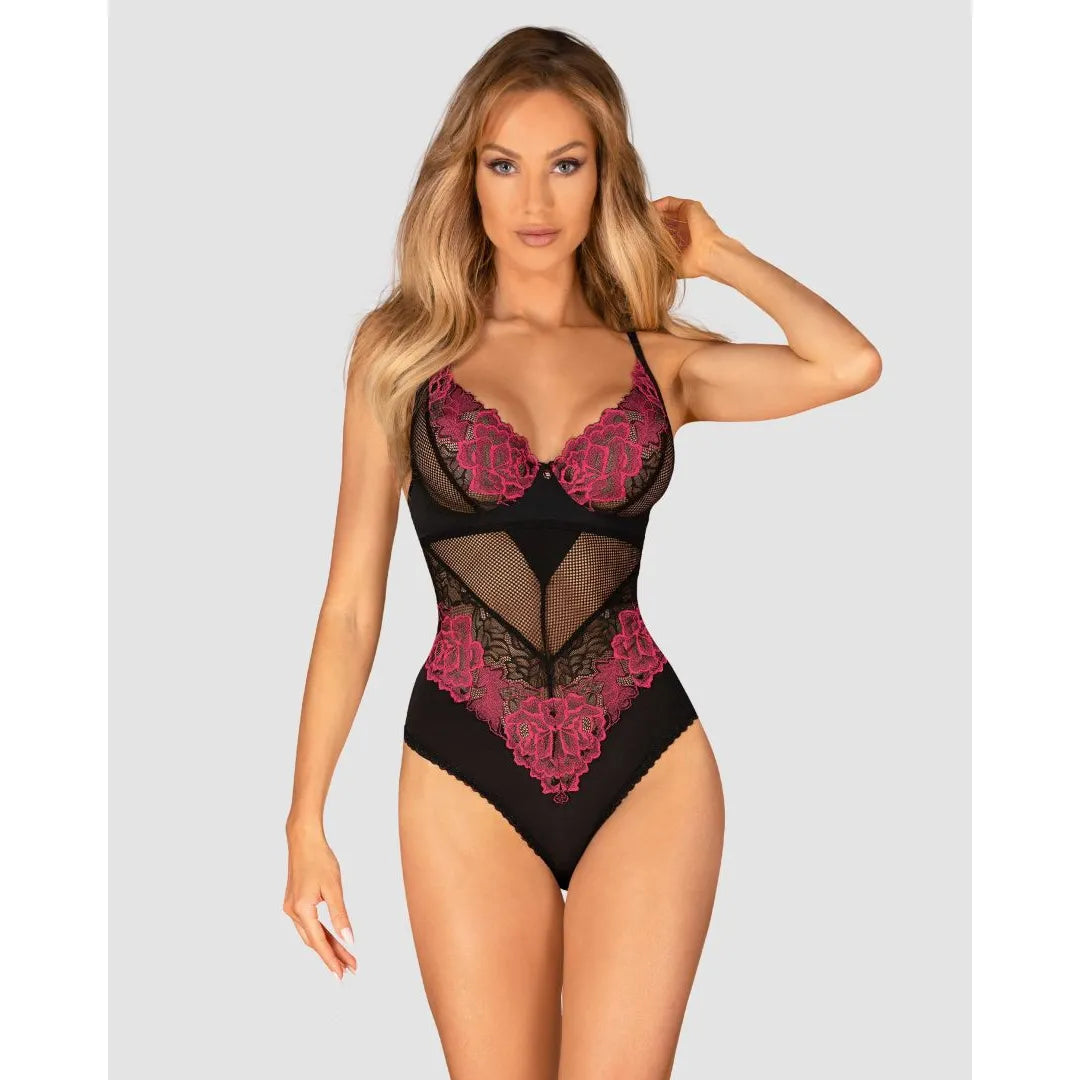 Body lingerie noir inky, motifs floraux élégants, ajustement parfait, sensualité et élégance, Rosenty.
