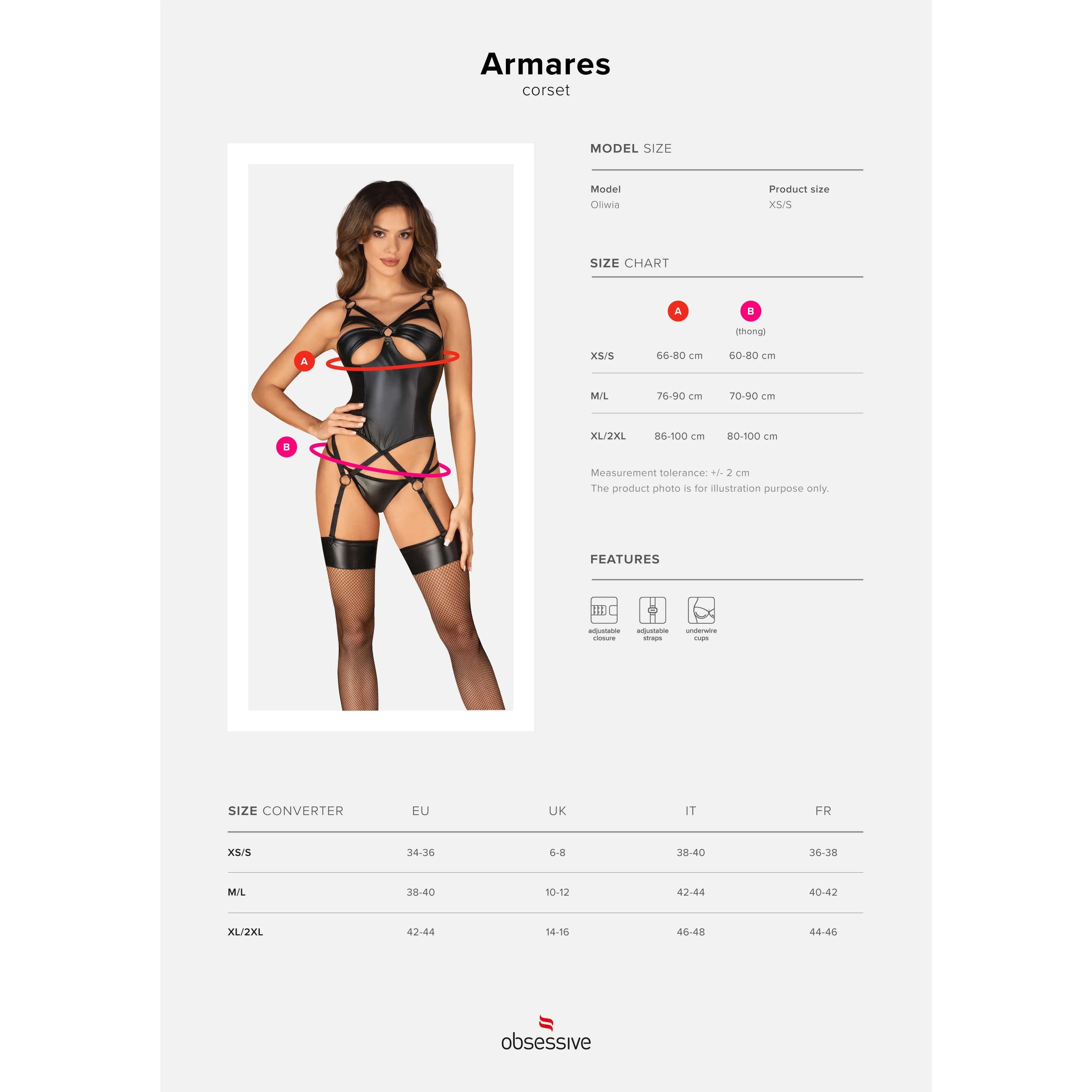 Guêpière noire avec détails métalliques, jarretelles réglables, string assorti, ambiance romantique et sensuelle.