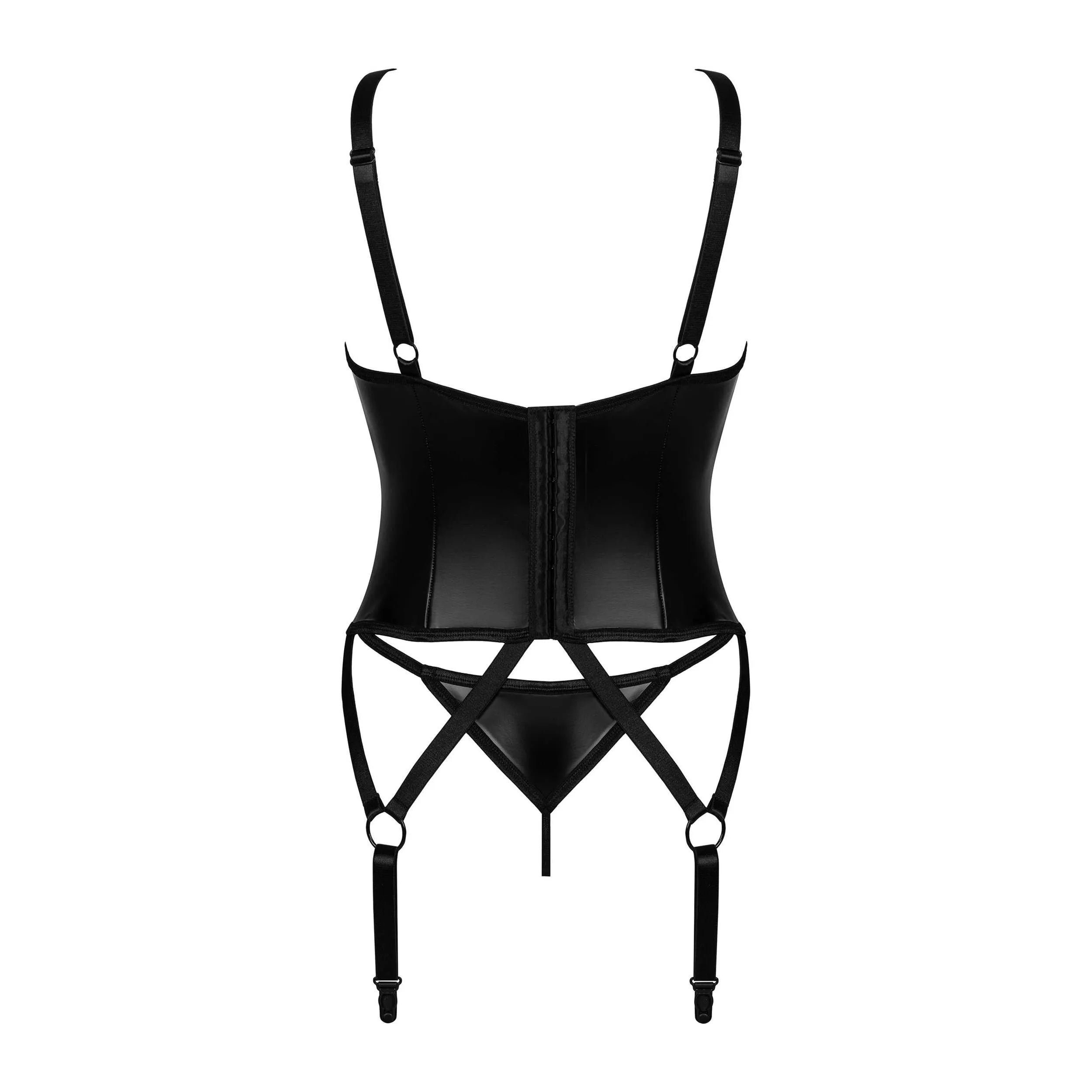 Guêpière et string noirs avec jarretelles réglables et détails métalliques, idéal pour une soirée romantique.