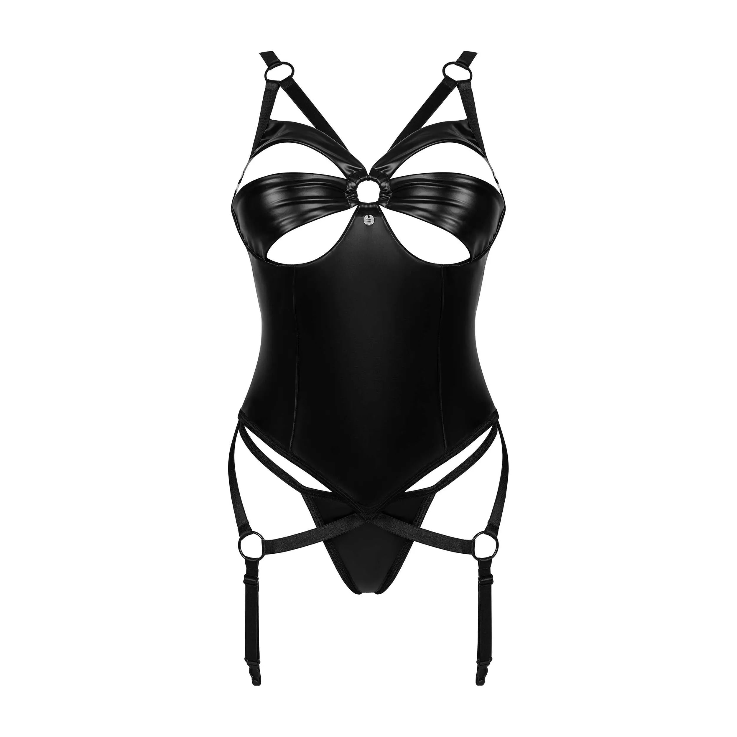 Guêpière noire avec détails métalliques, jarretelles réglables, fermeture ajustable, string assorti pour soirée romantique.